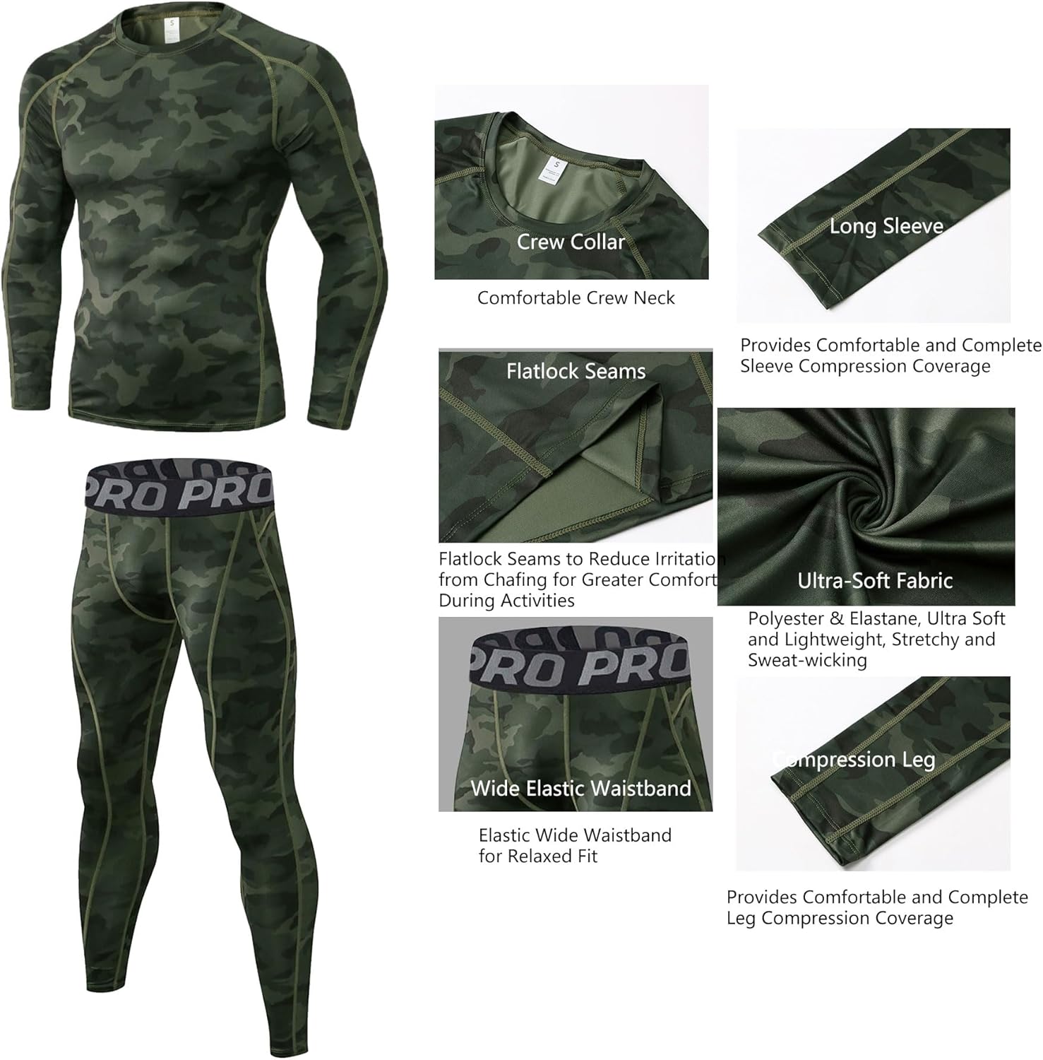LANBAOSI Mens Workout Compression Set Pants and Long Sleeve Shirts Winter Warm Thermal Baselayer Top & Bottom