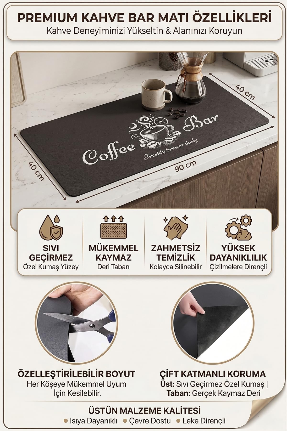 Valerine Life Barista Matı Sıvı Geçirmez Büyük Boy XXL Kahve Makinesi Pad 40x90cm Kaymaz Taban