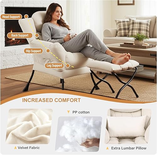 Miniatura 9 de Silla perezosa con otomana, silla decorativa moderna con almohada lumbar, sillas cómodas con reposapiés plegable para dormitorio, lectura, sillas de