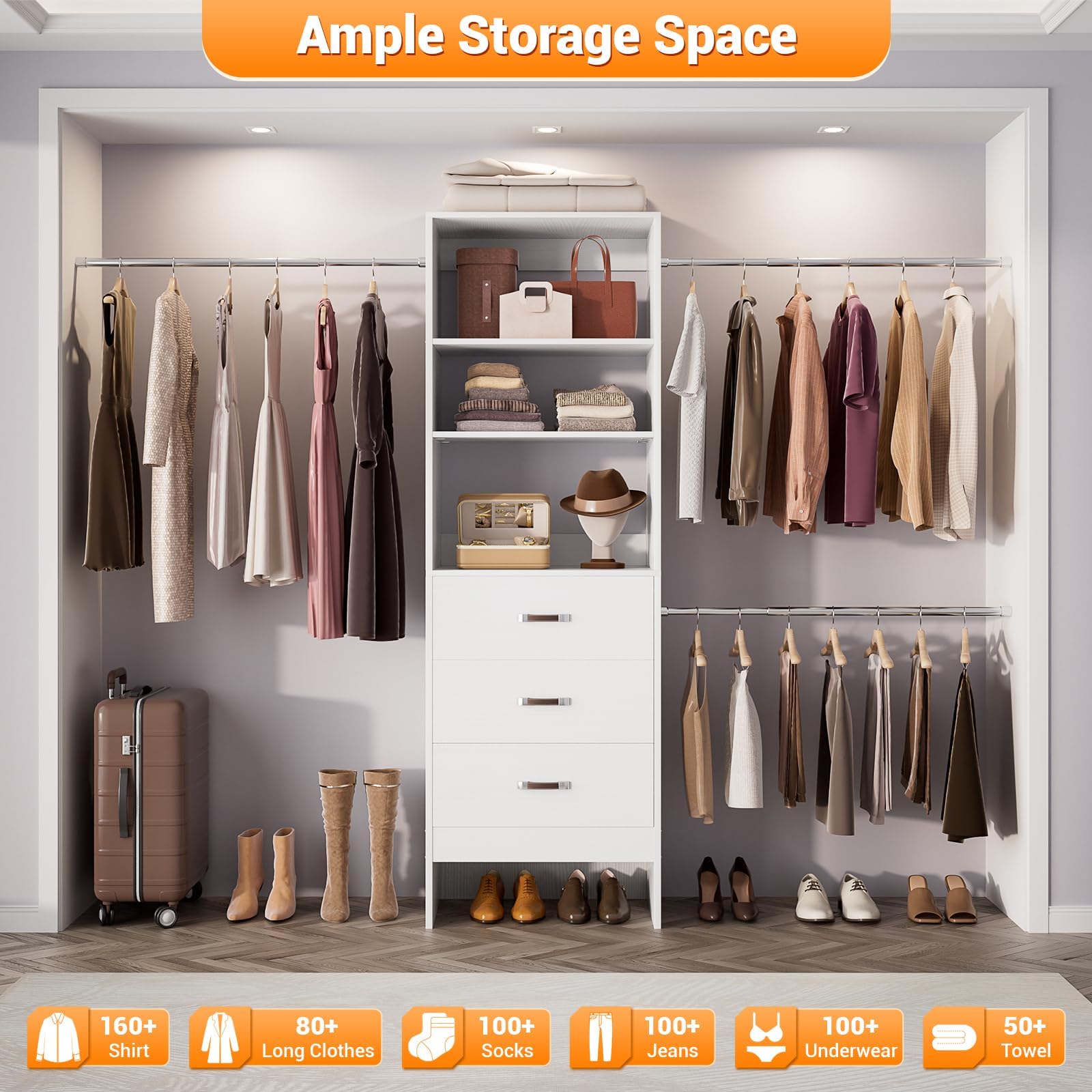 Homieasy 96-inch white closet organizer system with 3 drawers and hanging rods