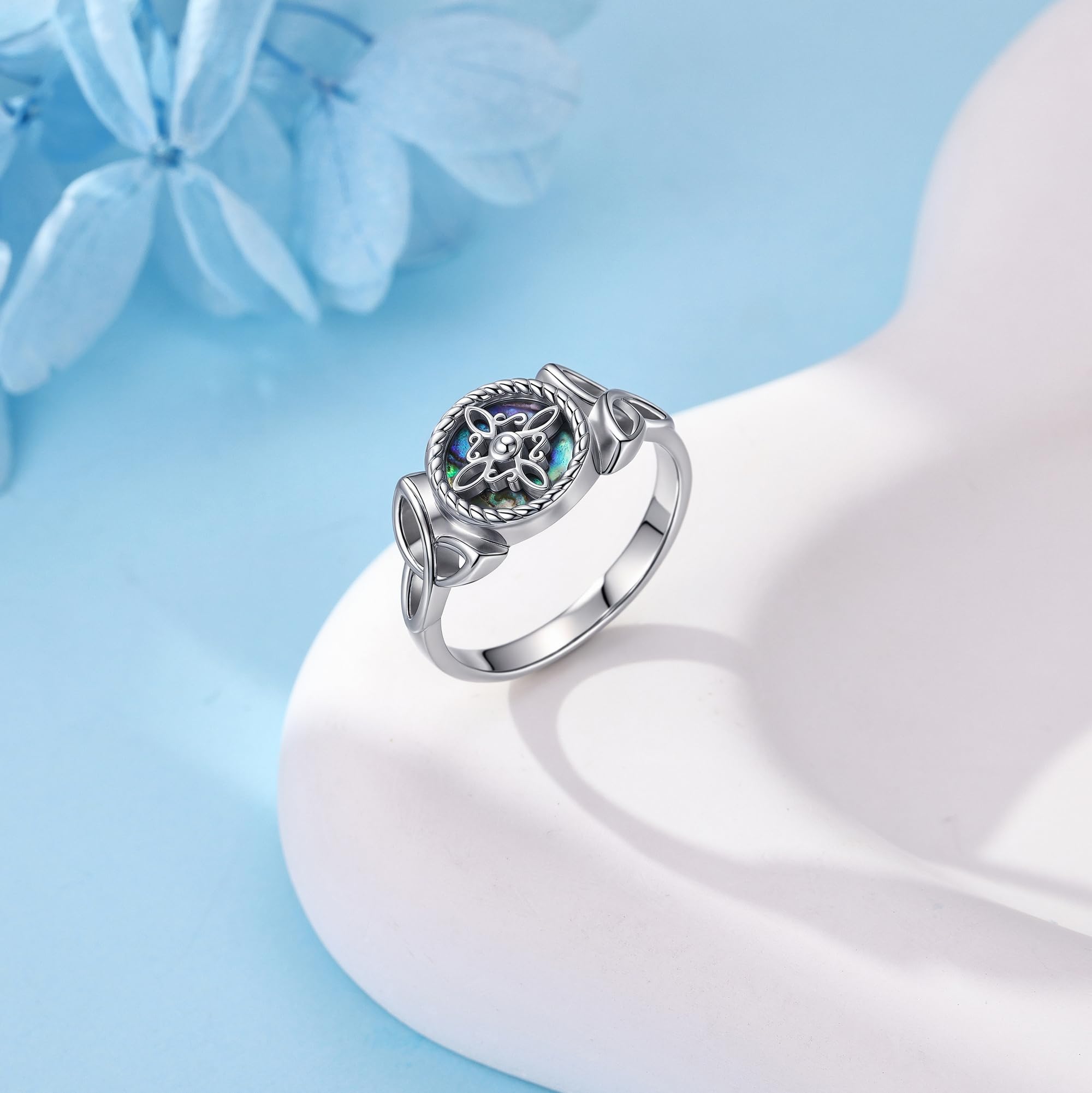 ONEFINITY Anillo de nudo de bruja de plata de ley 925, anillo celta con concha de abulón, joyería para mujer