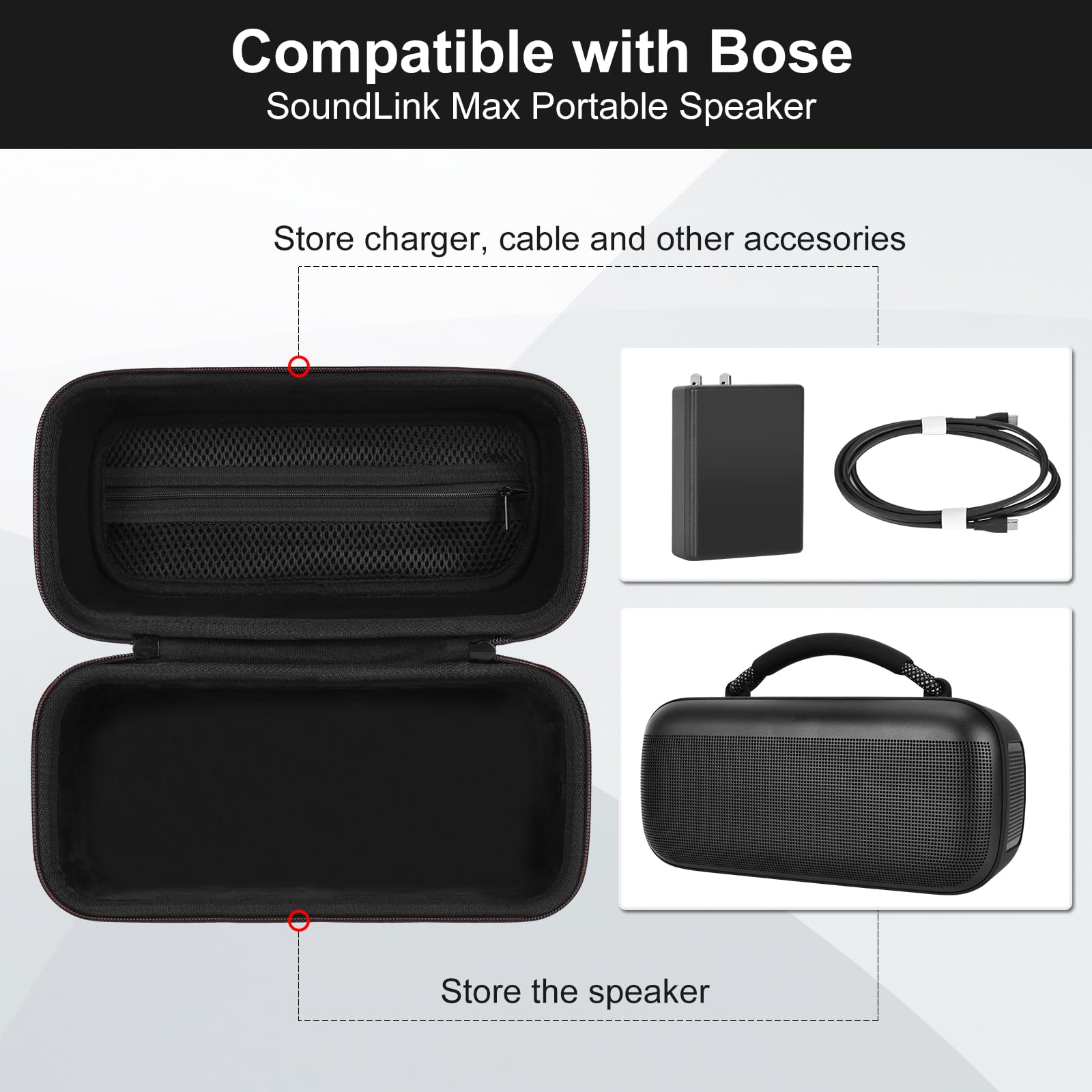 Portable Shell Case for Bose SoundLink Max Speaker, Waterproof Bose Max Case, Hard Carrying Travel Bag with Shoulder Strap and Handle - Black