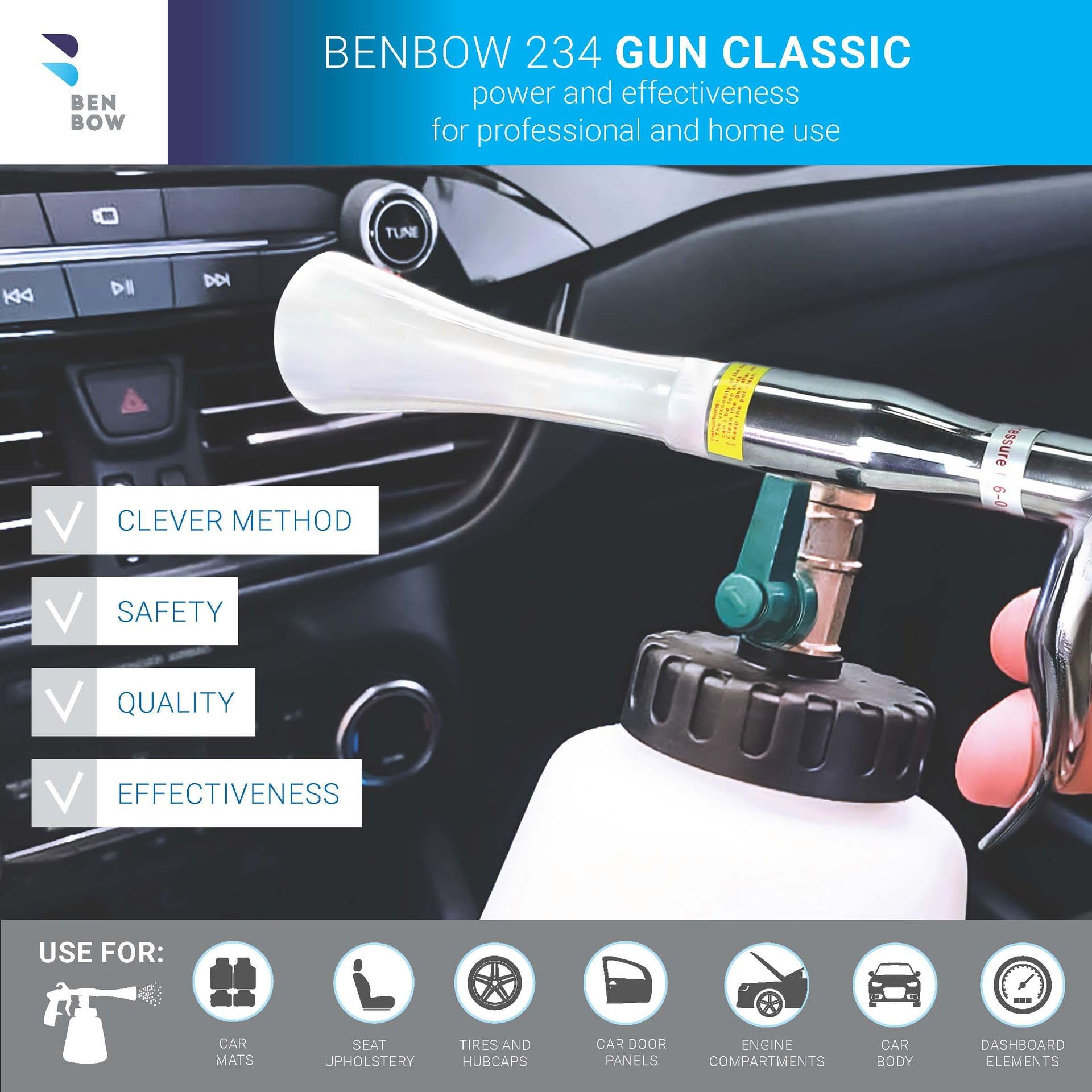 BenBow Pistola de Limpieza de Aire comprimido Classic - Efecto torbellino para una eficiente eliminación de Suciedad en Autos - con depósito de 1 litro, Embudo y Embudo con Cepillo
