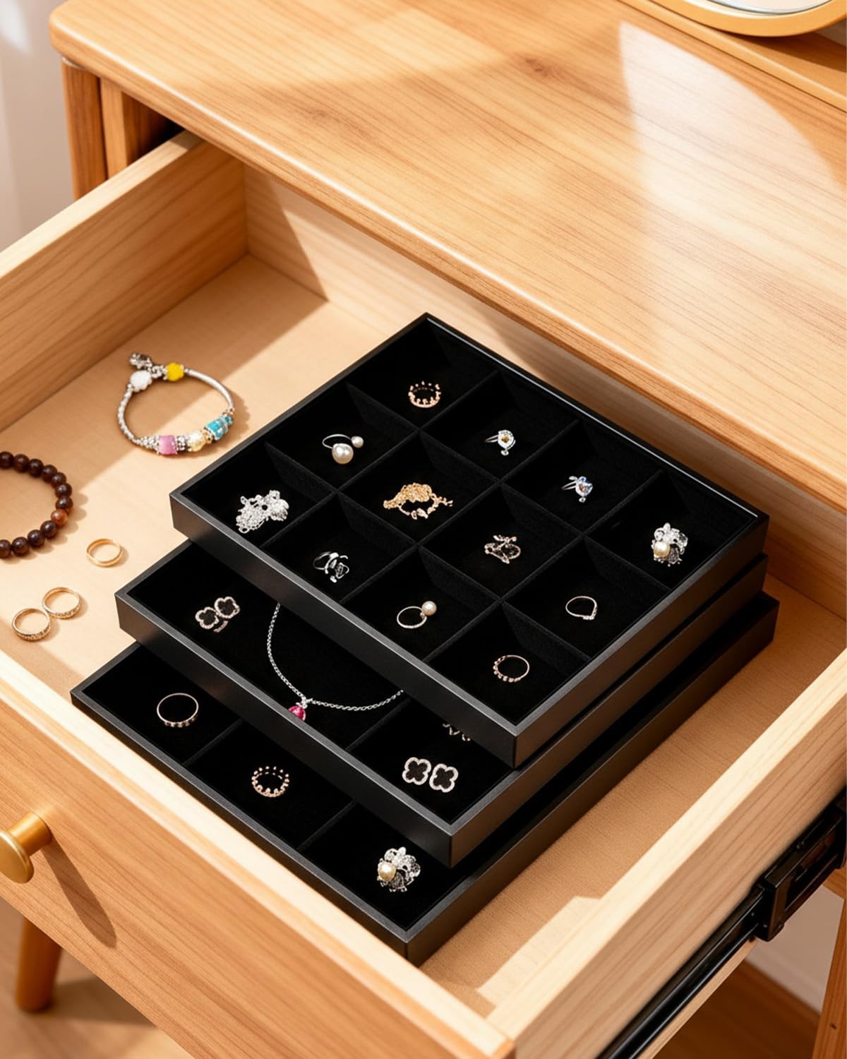 Jewelry Organizer, 3 Pack Velvet Jewelry Tray Jewelrys Drawer Organizer Stackable Jewelrys Trays, Bracelet Organizers For Earring Necklace Rings Bracelet Accessary (Black)
