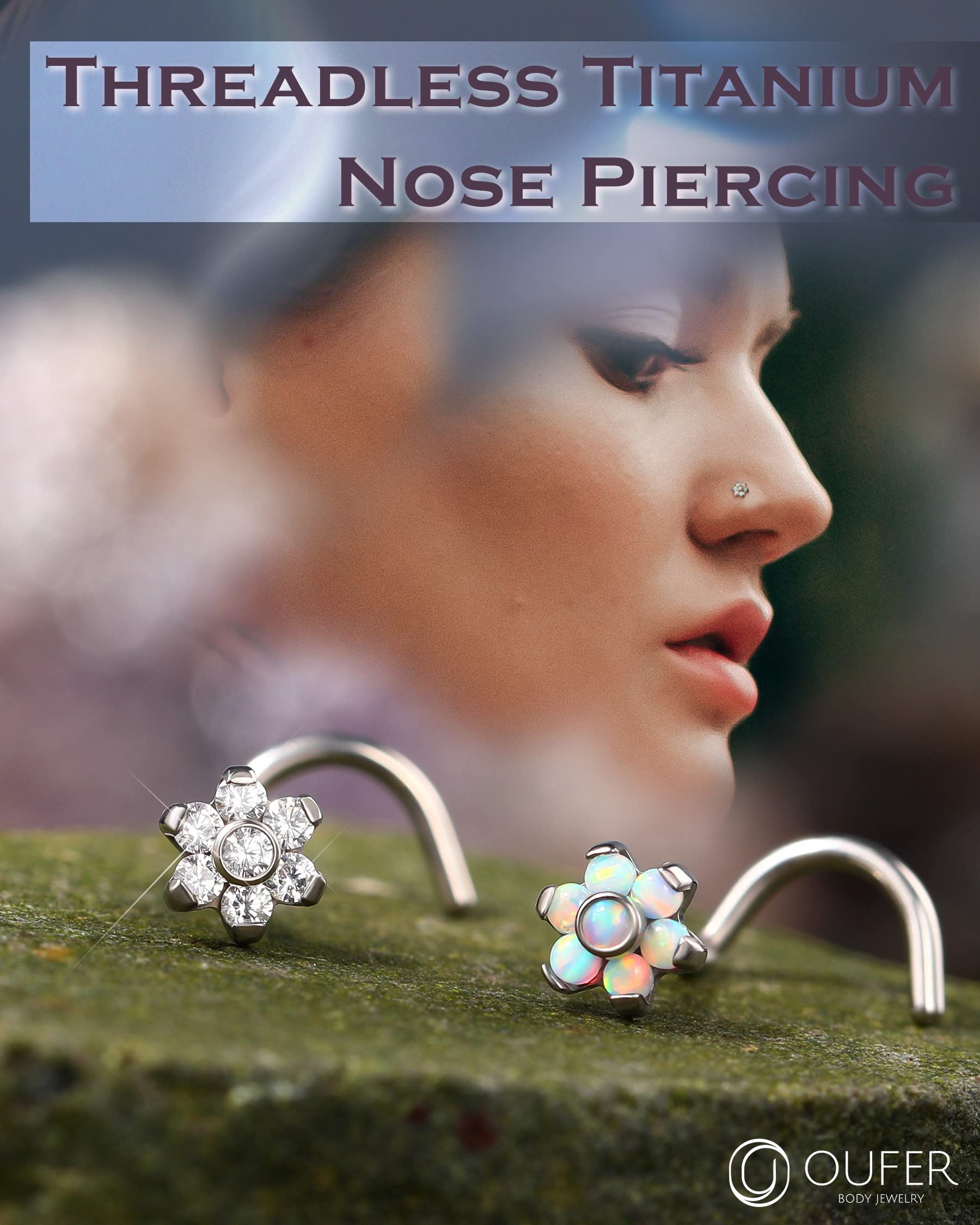 OUFER 20G Nose Screw Studs, Flower Designed Clear CZ Paved Push-in Nose Rings, G23 Solid Titanium Nose Studs, Nostril Piercing Jewelry for Women and Men