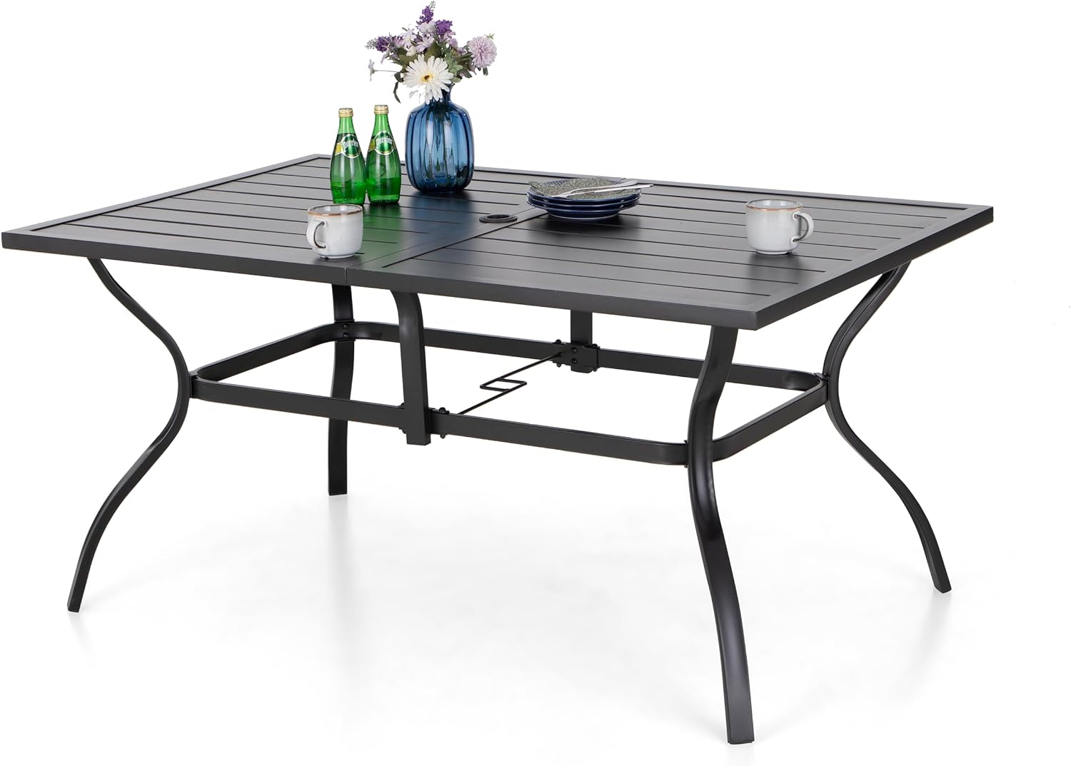 MFSTUDIO 152 x 96 x 71cm Garden Table, Outdoor Dining Table, Metal Rustproof Steel Frame and 4 cm Parasol Hole, for Deck, Backyard, Lawn, Garden Black