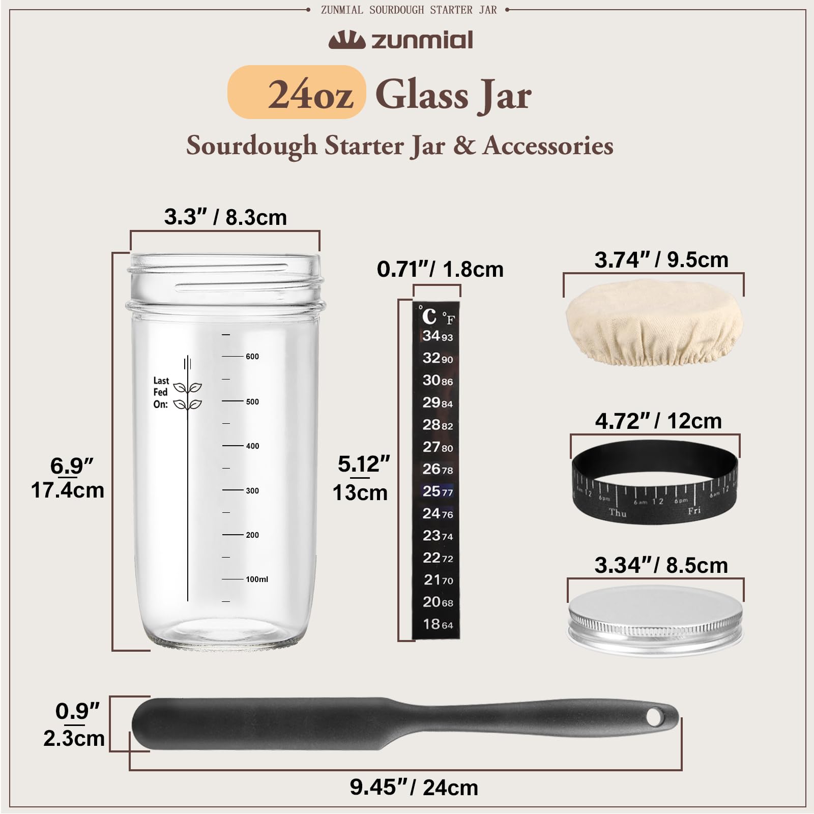 zunmial Sauerteig-Starterglas, 2-teiliges Sauerteig-Starter-Set mit Datumsmarkierung, Thermometer, Stoffabdeckung und Metalldeckel, wiederverwendbares Sauerteig-Brot-Backzubehör, Backzubehör für