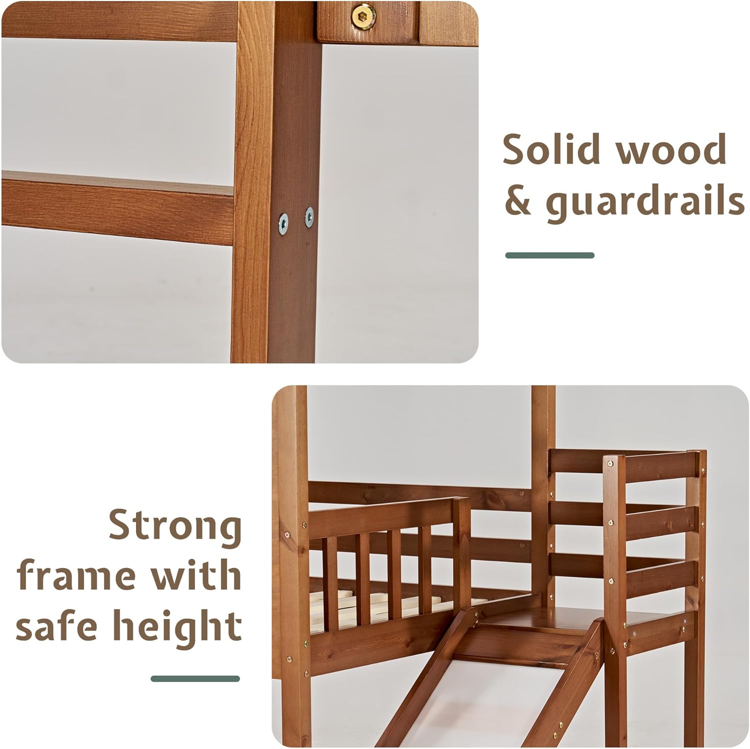 Jocisland Twin Over Twin House Bunk Bed with Slide and Ladder, Solid Wood Frame, Window Box Shelf, 14" Guardrail, Underbed Area for Mattress or Play, Light Oak