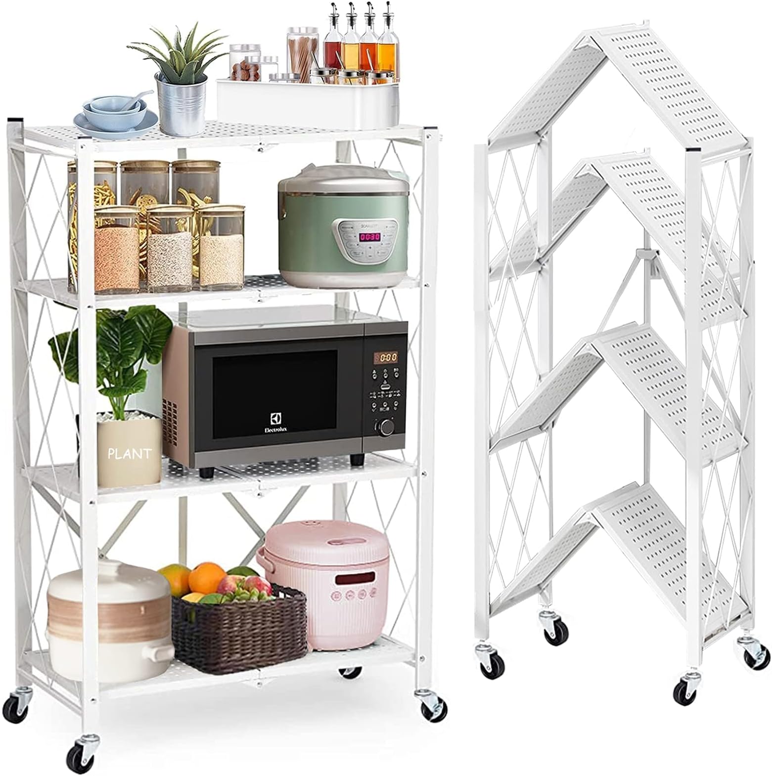 Lanstics 4 Tier Foldable Folding Shelves Heavy Duty Storage Shelving with Wheels Metal Shelf Standing Shelves Units for Home Kitchen Living Room