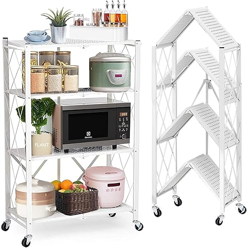 Lanstics 4 Tier Foldable Folding Shelves Heavy Duty Storage Shelving with Wheels Metal Shelf Standing Shelves Units for Home Kitchen Living Room