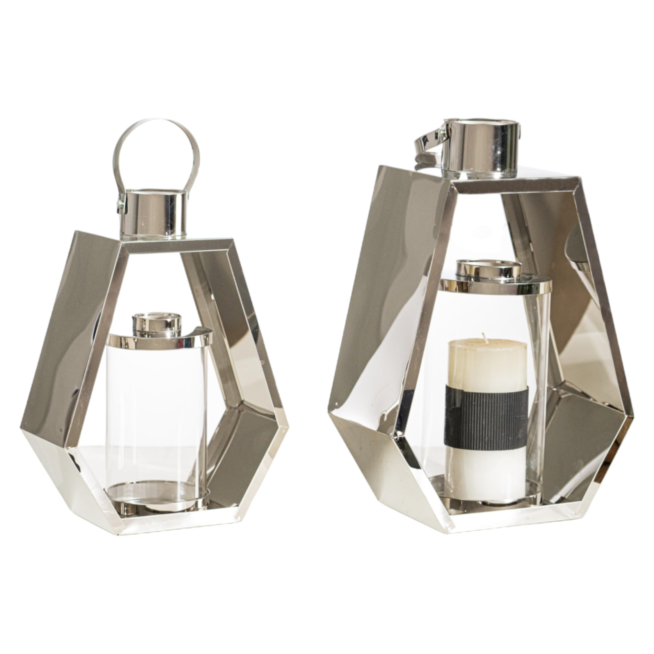 Lanterne métal hexagonale argentée design haut de gamme