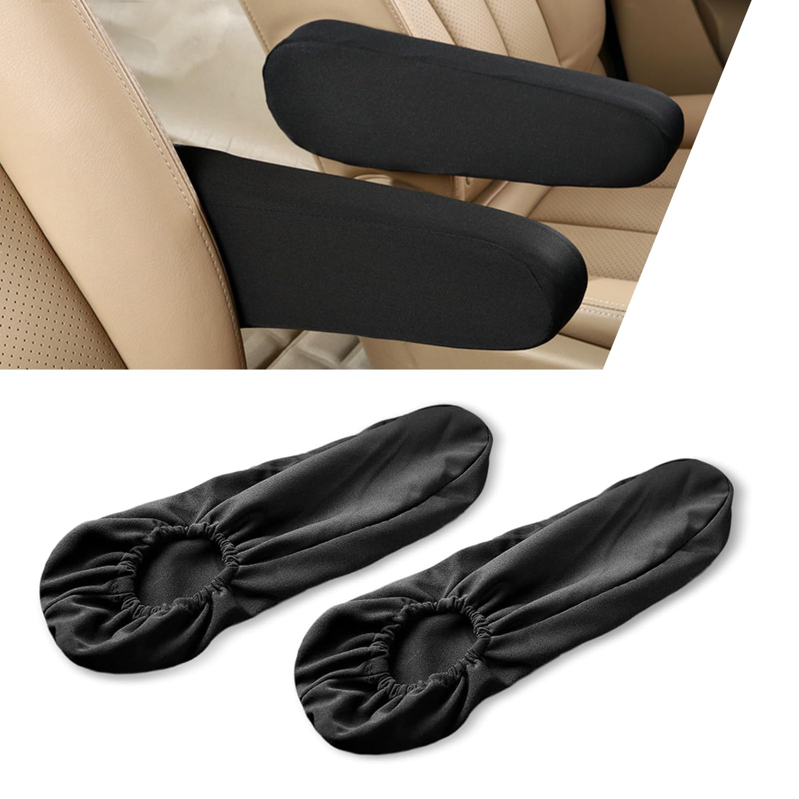 2 PCS Car Front Seat Armrest Protective Cover, Elastic Linen Tightly Fitting All-Inclusive Armrest Anti-Scratch Wear-Resistant Cover, Decorative Accessories, Suitable for Cars, Vans (Black)