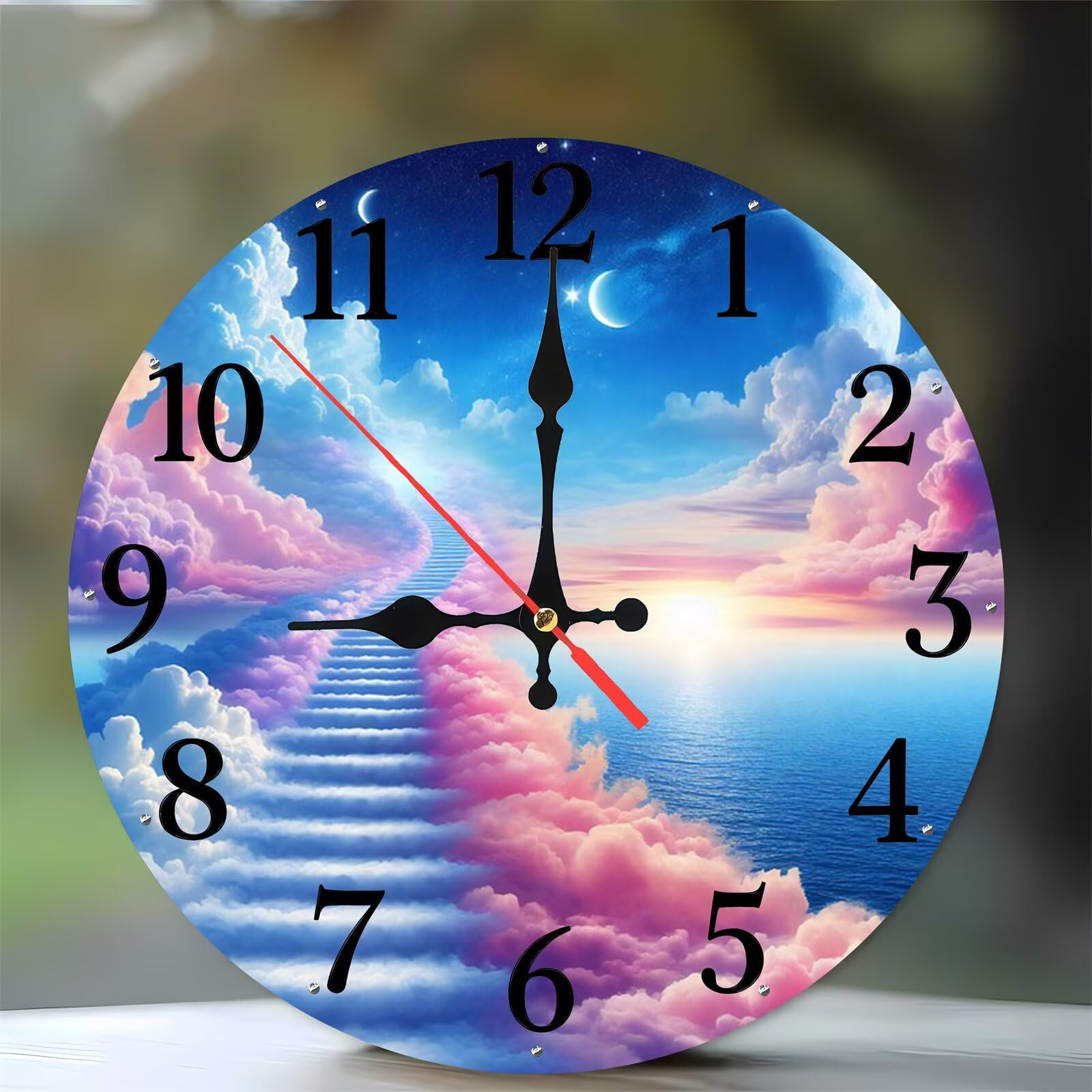 Horloge murale moderne en bois de 35 cm avec motif escalier de nuages pour salon