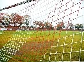 شبكة مرمى كرة قدم بتصميم مخطط 2 عارضة، شبكة ملعب كرة قدم خماسى أو سباعى، قطعتان، لون أبيض/ برتقالي