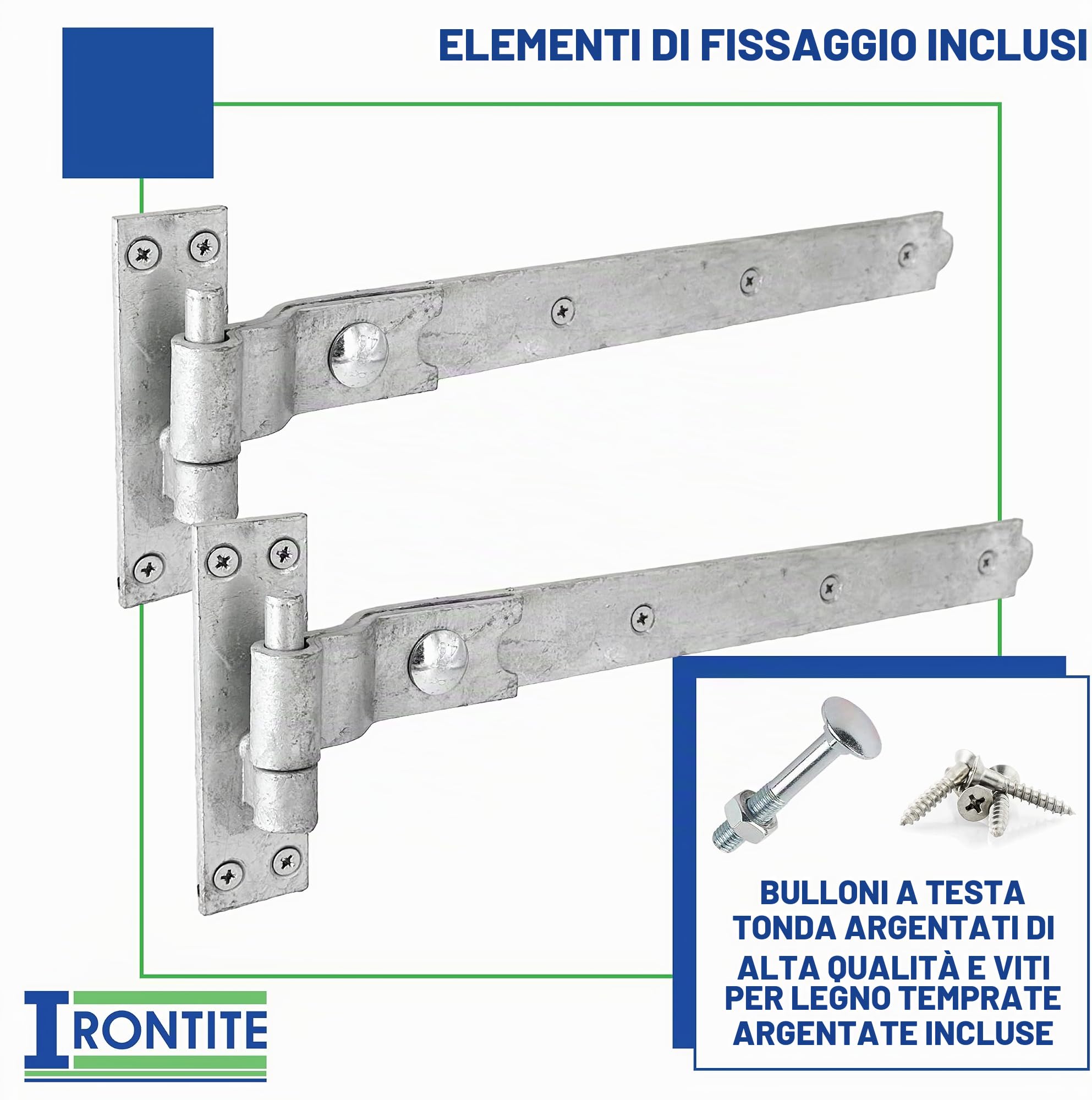 IRONTITE® Cerniere a Gomito Zincate Resistenti, 400 mm, con Gancio e Fascia per Cancelli in Legno, Manovella e Fissaggi Inclusi