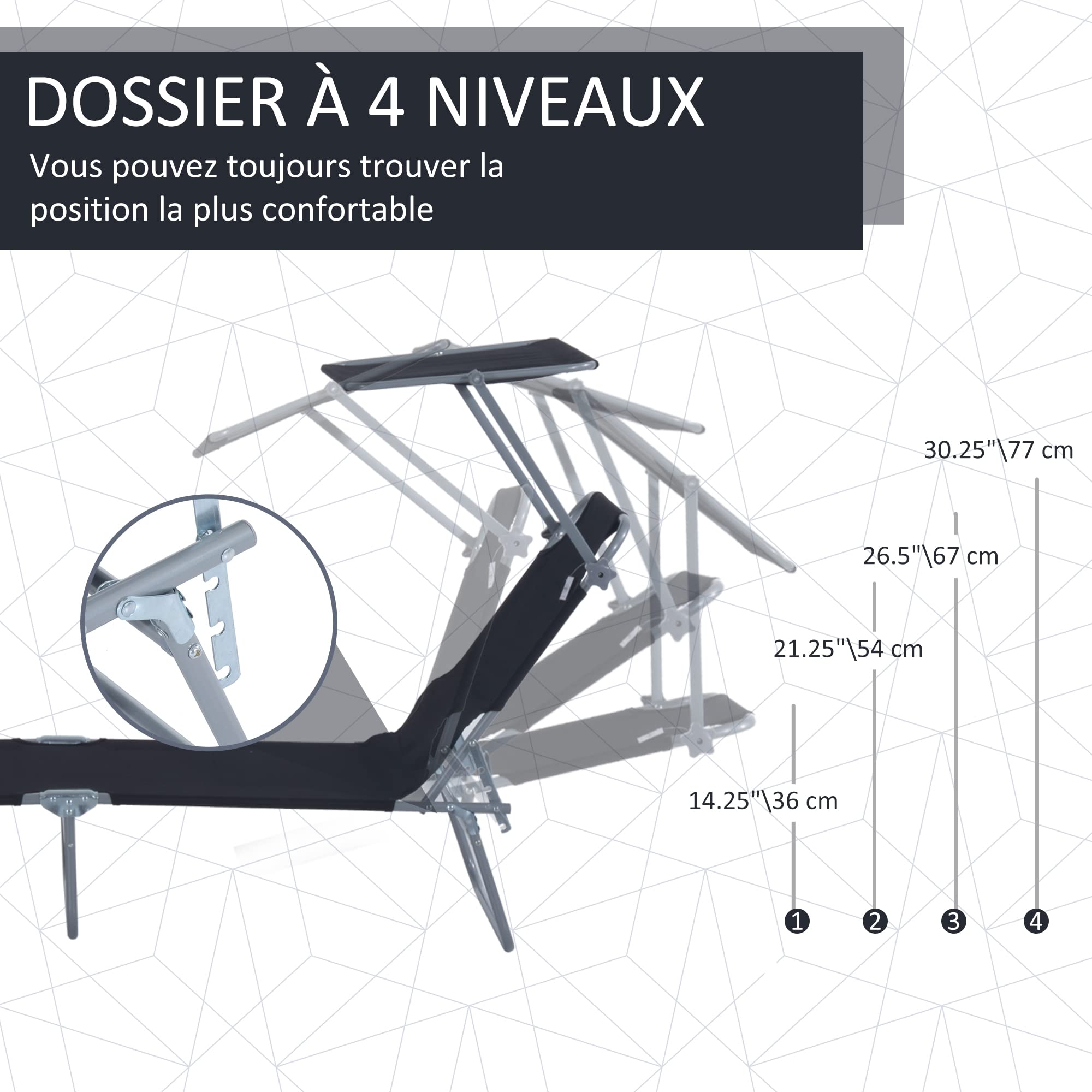 Outsunny Lot de 2 Transats Pliable Dim. 187L x 58l x 36H cm Noir