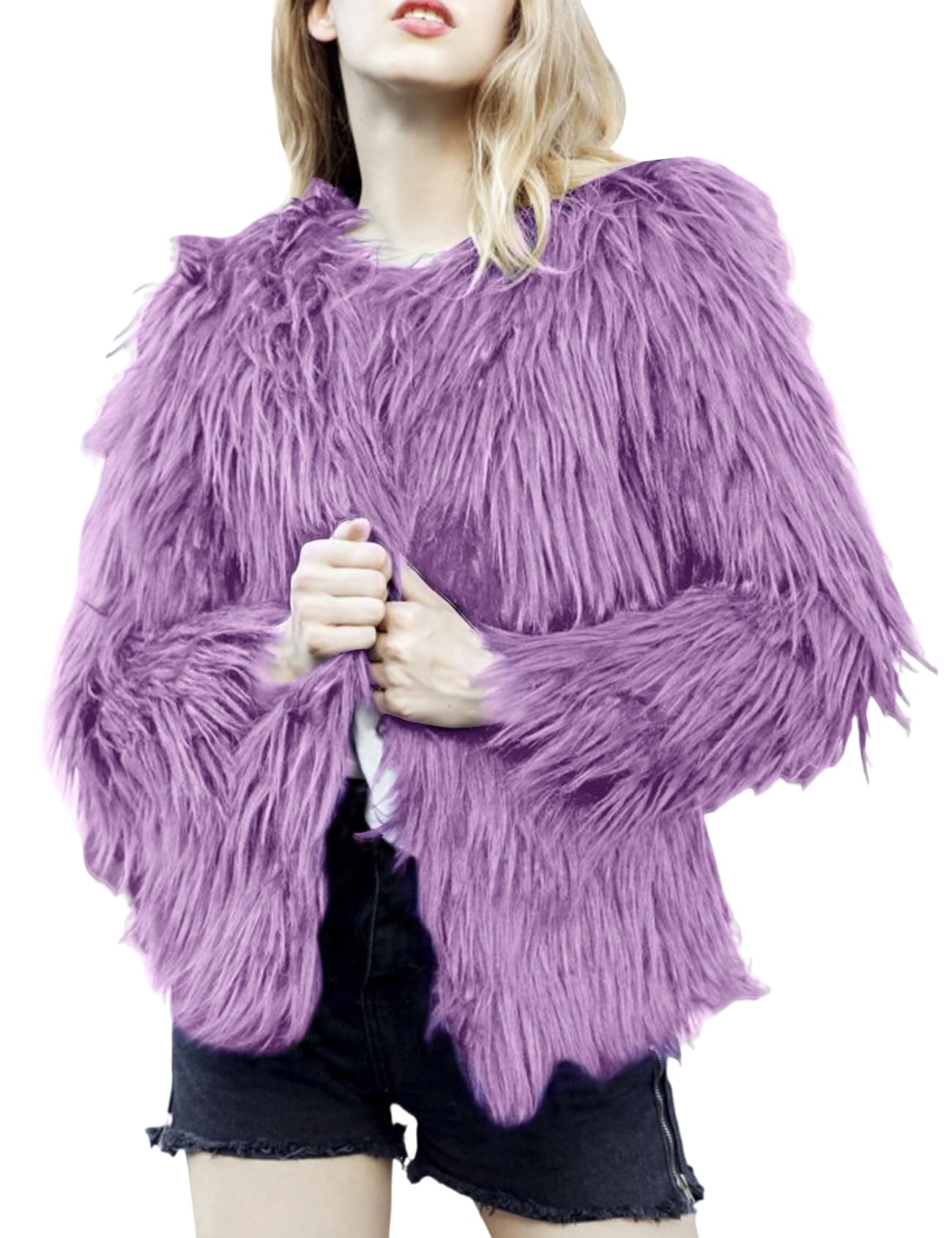 gihuo Women' s Faux Fur Coat Open Front Furry Coats Long Sleeve Parka Shaggy Jacket-picture-37