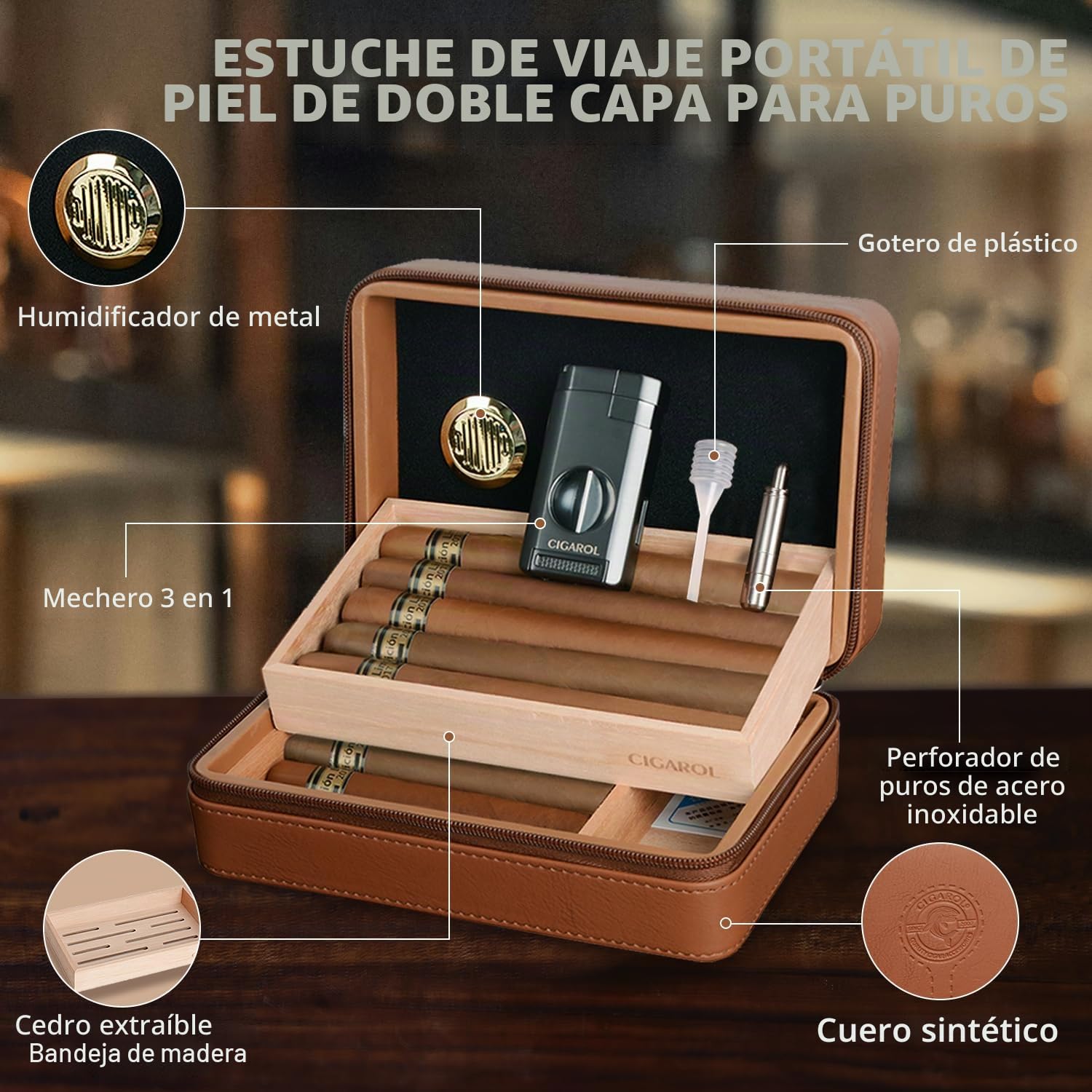 Humidor Puros, Caja Puros de Cuero con Mechero, Humidor Portátil de Viaje con Humidificador para Unos 10 Puros, Mejores Regalos para Hombres (Puros no Incluidos)
