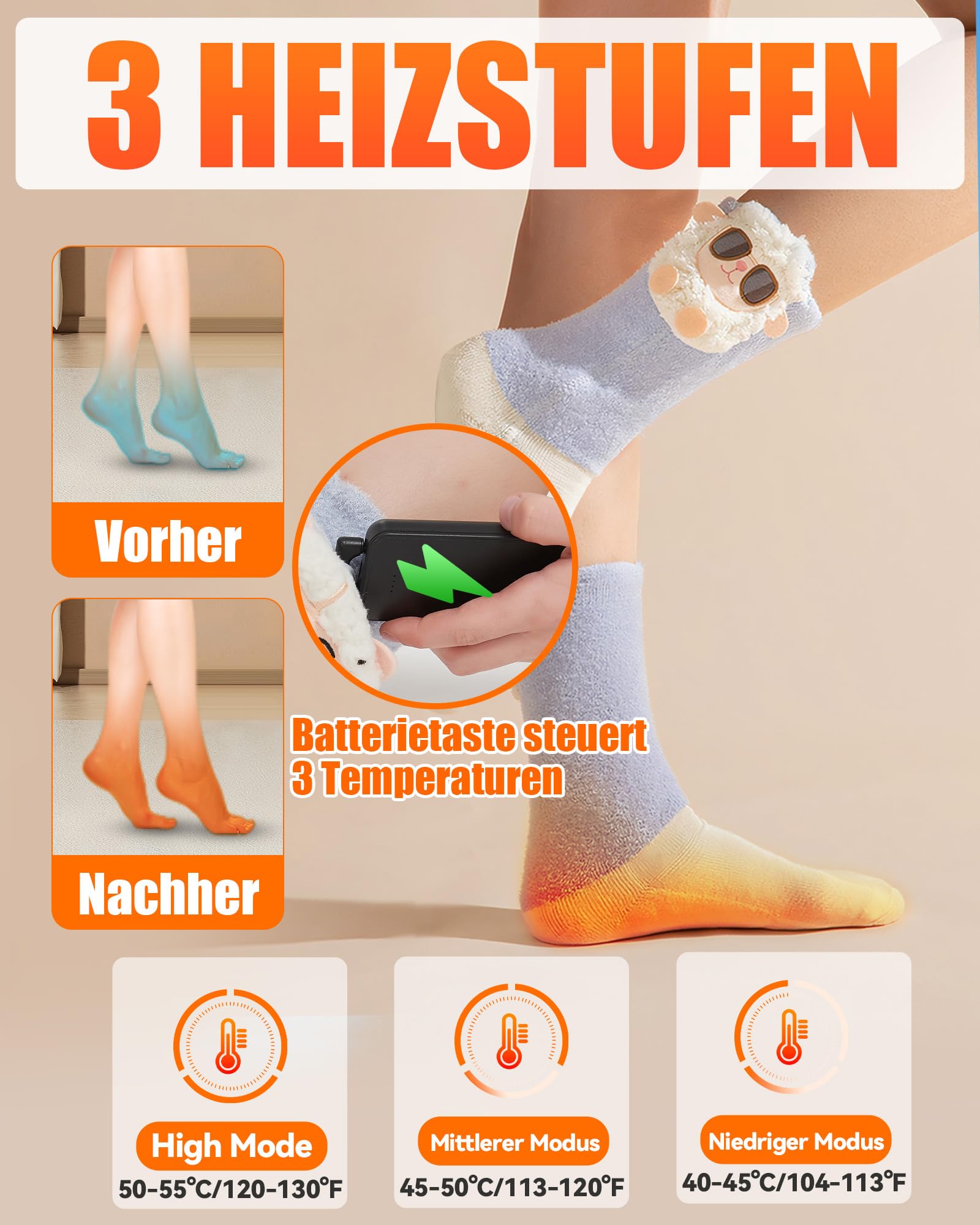 Beheizte Socken Kinder mit 4000mAh Akku – Niedliche Elektrische Heizsocken für Jungen & Mädchen, 3 Heizstufen für Alltag & Entspannung, Nicht für Skisport