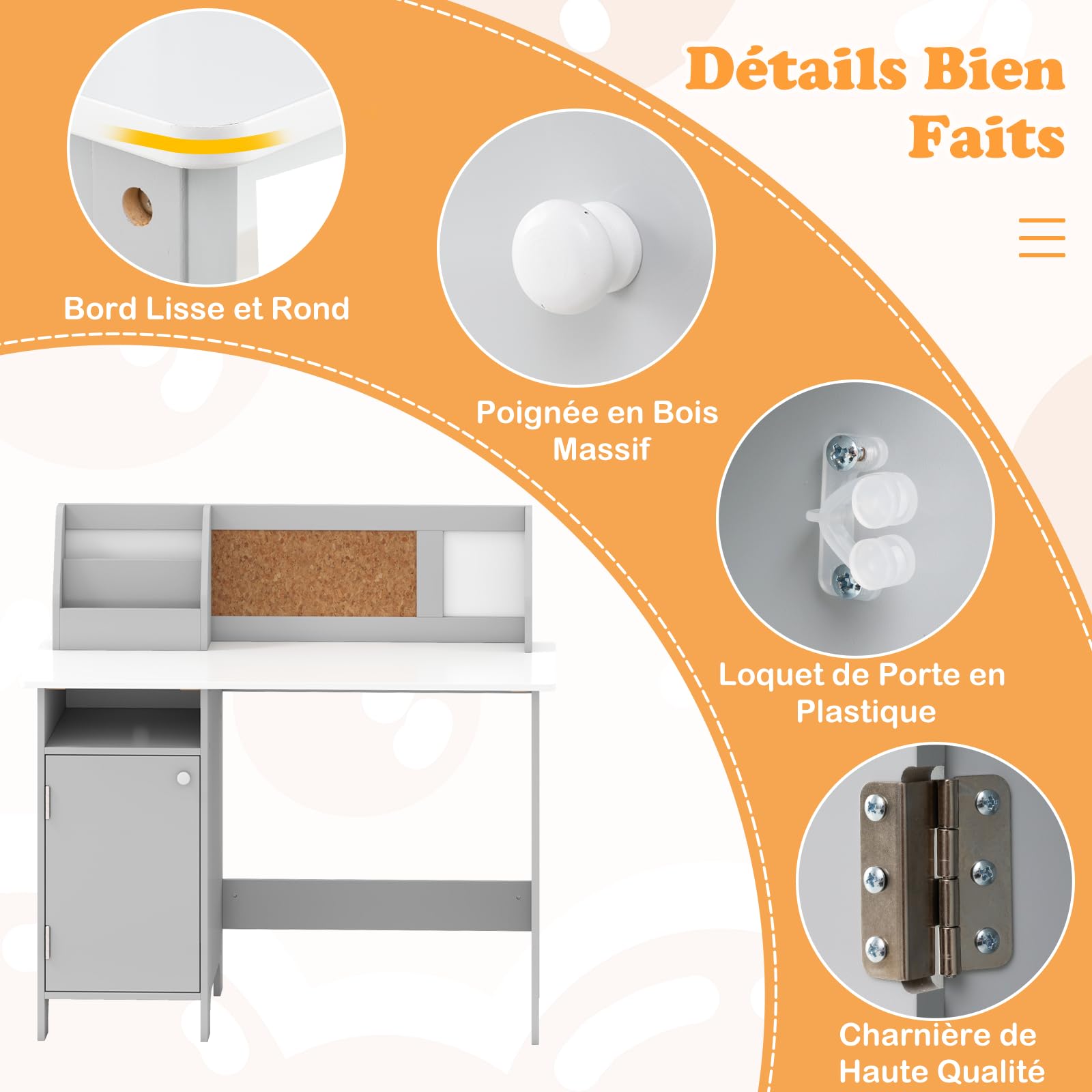 COSTWAY Bureau Enfant Garçon Fille avec Chaise Bibliothèque Tableau d'Affichage, Table Enfant Bois Étagère Armoire Rangement, Charge 50/90kg 3 Ans+ Gris