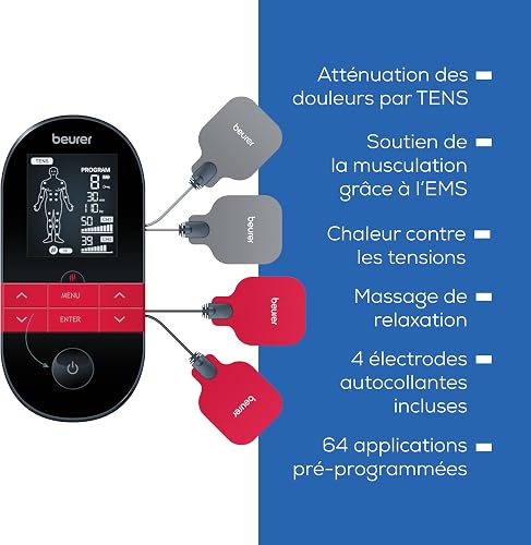 Beurer EM59 Digital TENS/EMS Device with Heat, 4-in-1 stimulation device for pain therapy, muscle stimulation, massage and heat therapy, 4 electrodes, 70 programmes, 50 intensity levels - 9