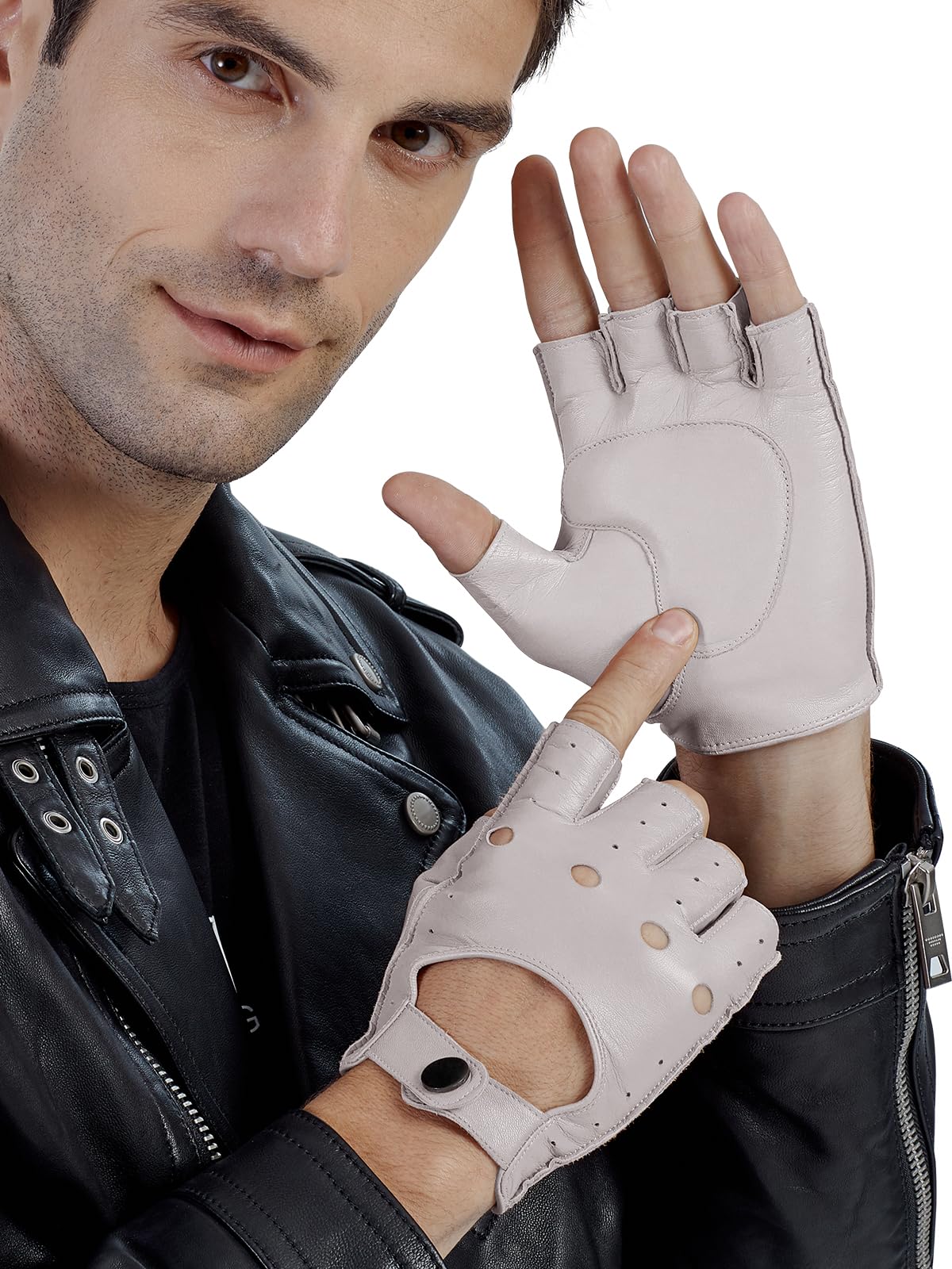 GSG SINCE 1998 Halbfinger Lederhandschuhe Herren – Fingerlose, ungefütterte Fahrhandschuhe aus weichem Schafsleder, atmungsaktiv und flexibel, Geschenkverpackung M161078