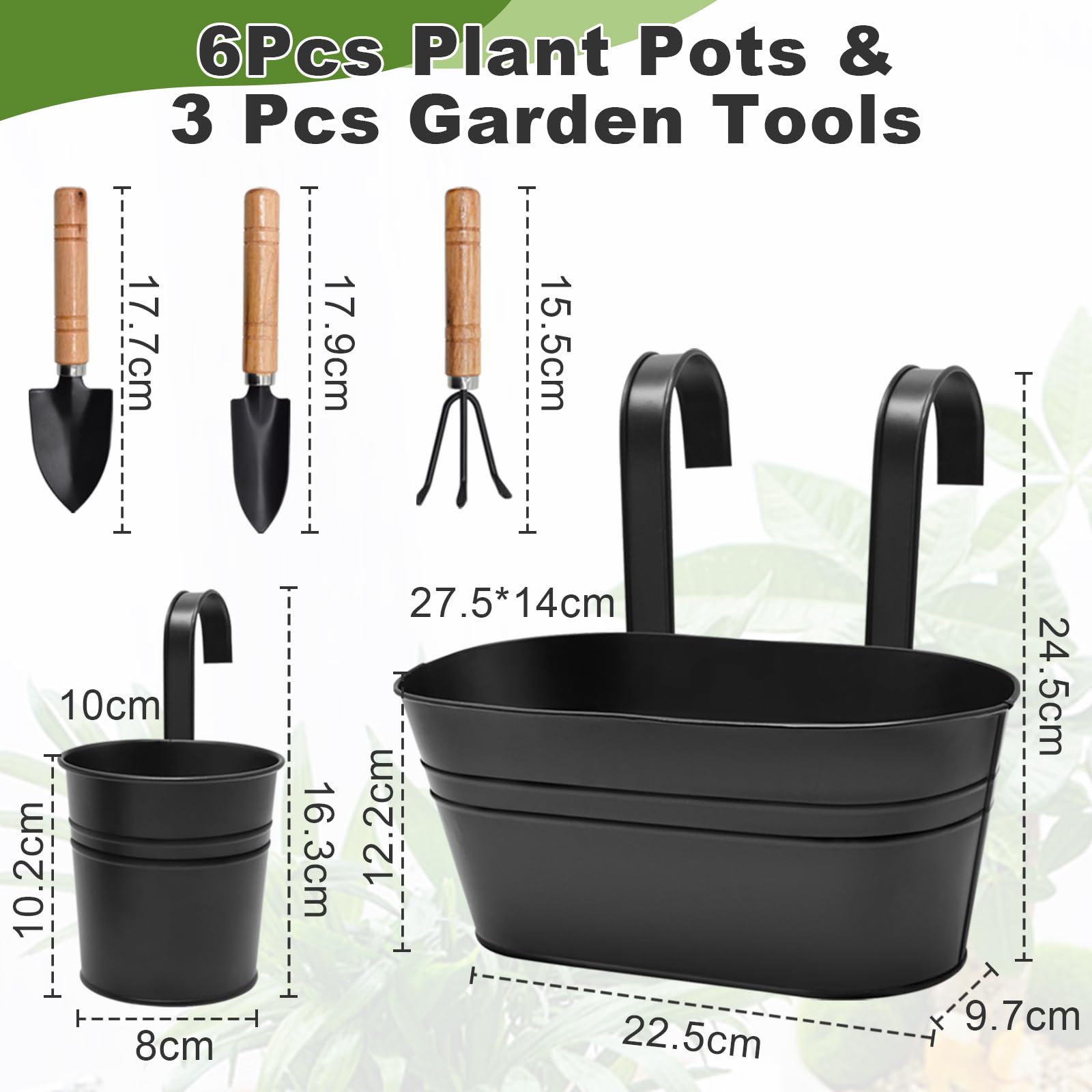 Lot de 6 Pots de Fleurs à Suspendre en Métal, Seaux à Fleurs Suspendre avec Crochet Amovible,Pots Suspendus Balcon Décor avec Set de 3 Outils de Jardinage