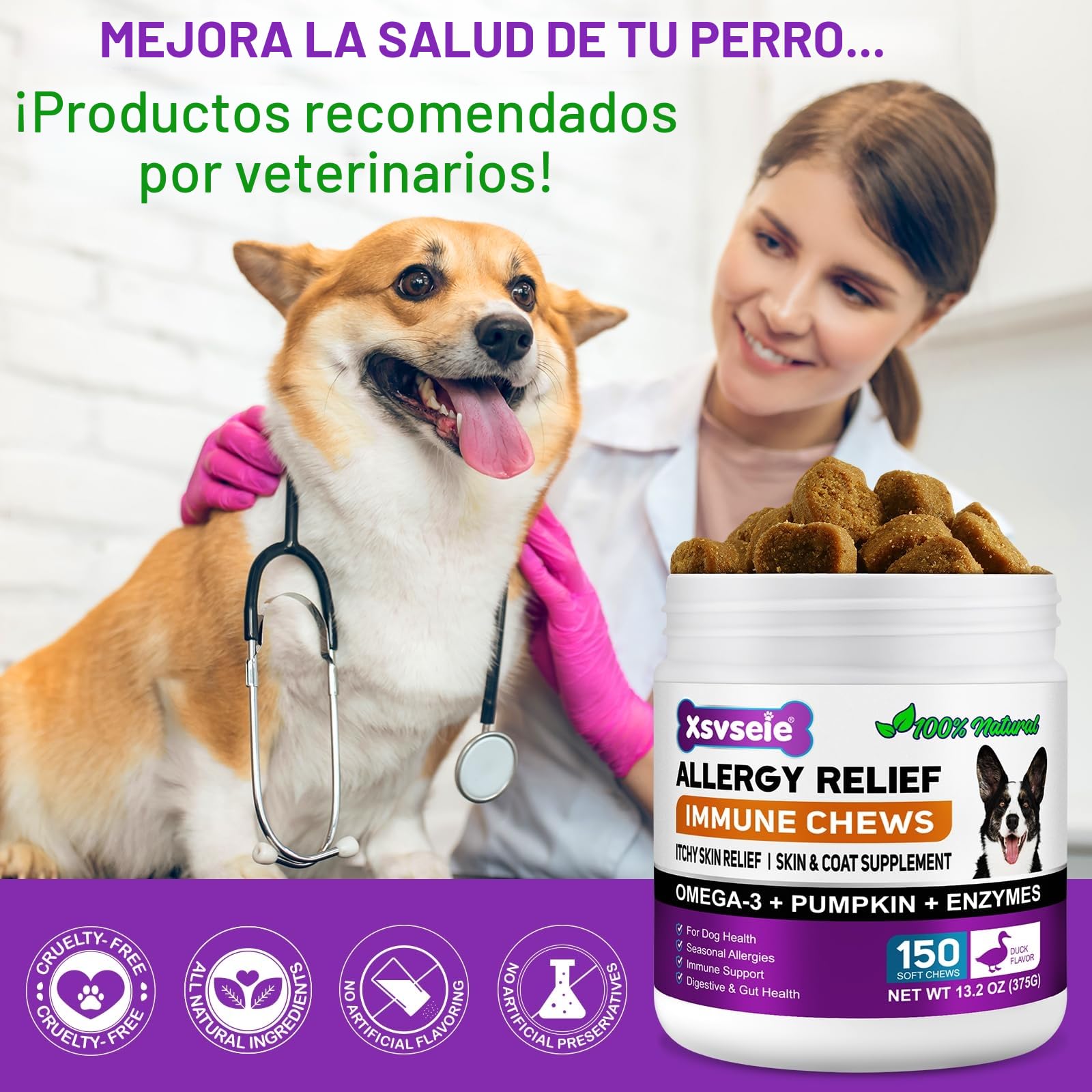 Snacks Antialérgicos para Perros - Alivia Picor, Lamido y Caída del Pelo | 150 Golosinas Blandas Sabor Pato Pekín | Refuerzo Inmunitario | Alergias Estacionales/Ambientales (1Pcs)