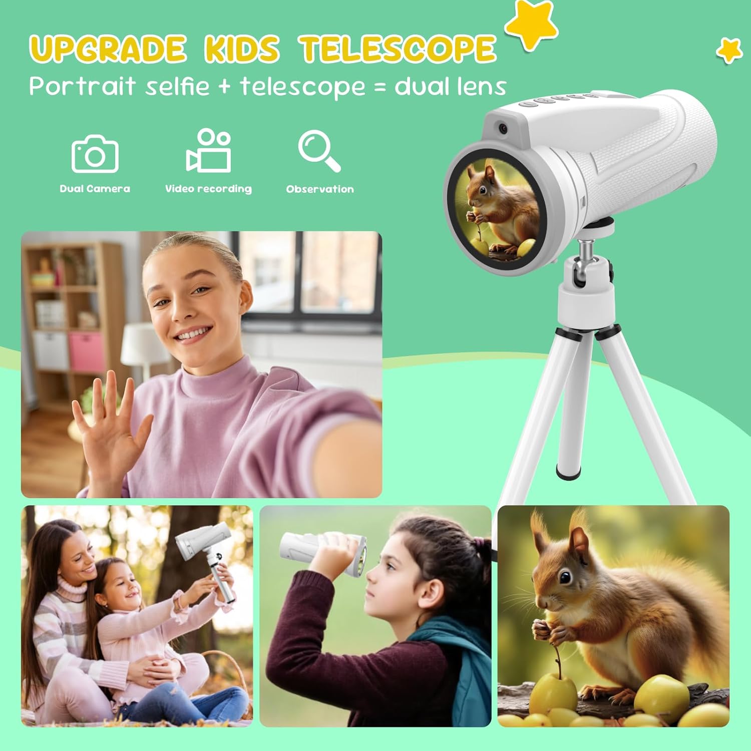 Kids Monocular for Bird Watching & Astronomy - Digital Telescope with Self-Timer, Boys Girls Camping Outdoor Exploration (White)
