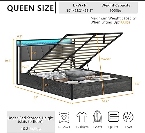 Miniatura 13 de Base de cama de almacenamiento elevable de tamaño matrimonial con luces LED, cabecera tapizada de lino con estación de carga, marco de cama de