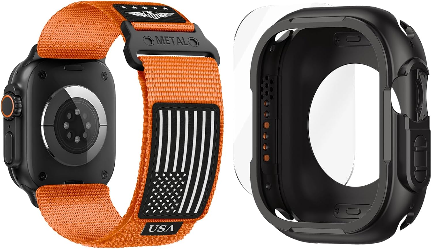 BXUXOHS Rugged Case & Woven Stars-Stripes Flag Nylon Strap for Apple Watch Ultra 3/2/1 49mm