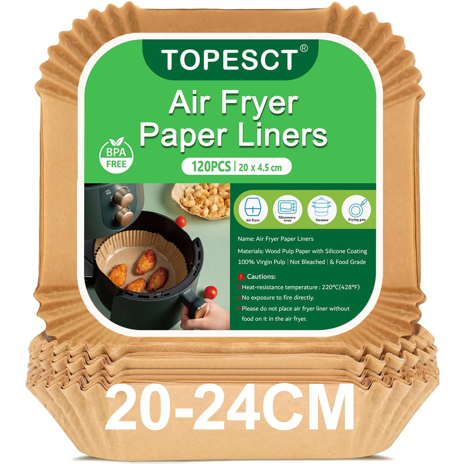 TopEsct Papel de horno para freidora de aire caliente, paquete de 120 unidades, 20 cm, papel de horno Airfryer de grado alimenticio, resistente al agua, a prueba de aceite, freidora de aire caliente