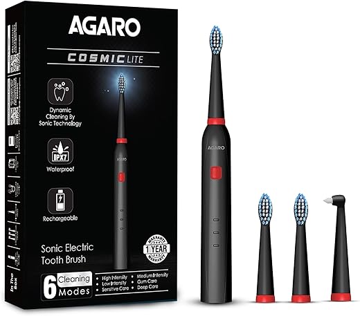AGARO COSMIC Lite Sonic Electric Toothbrush for Adults with 6 Modes, 3 Brush Heads, 1 Interdental Head and Rechargeable with 3.5 Hours Charge…