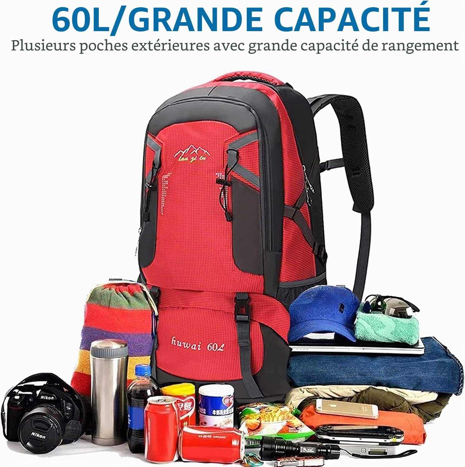 Sac a dos randonnee 60L sacs à dos de randonnée femme homme Sac à dos de randonnée/de voyage pour le camping, l'escalade, le ski et le cyclisme