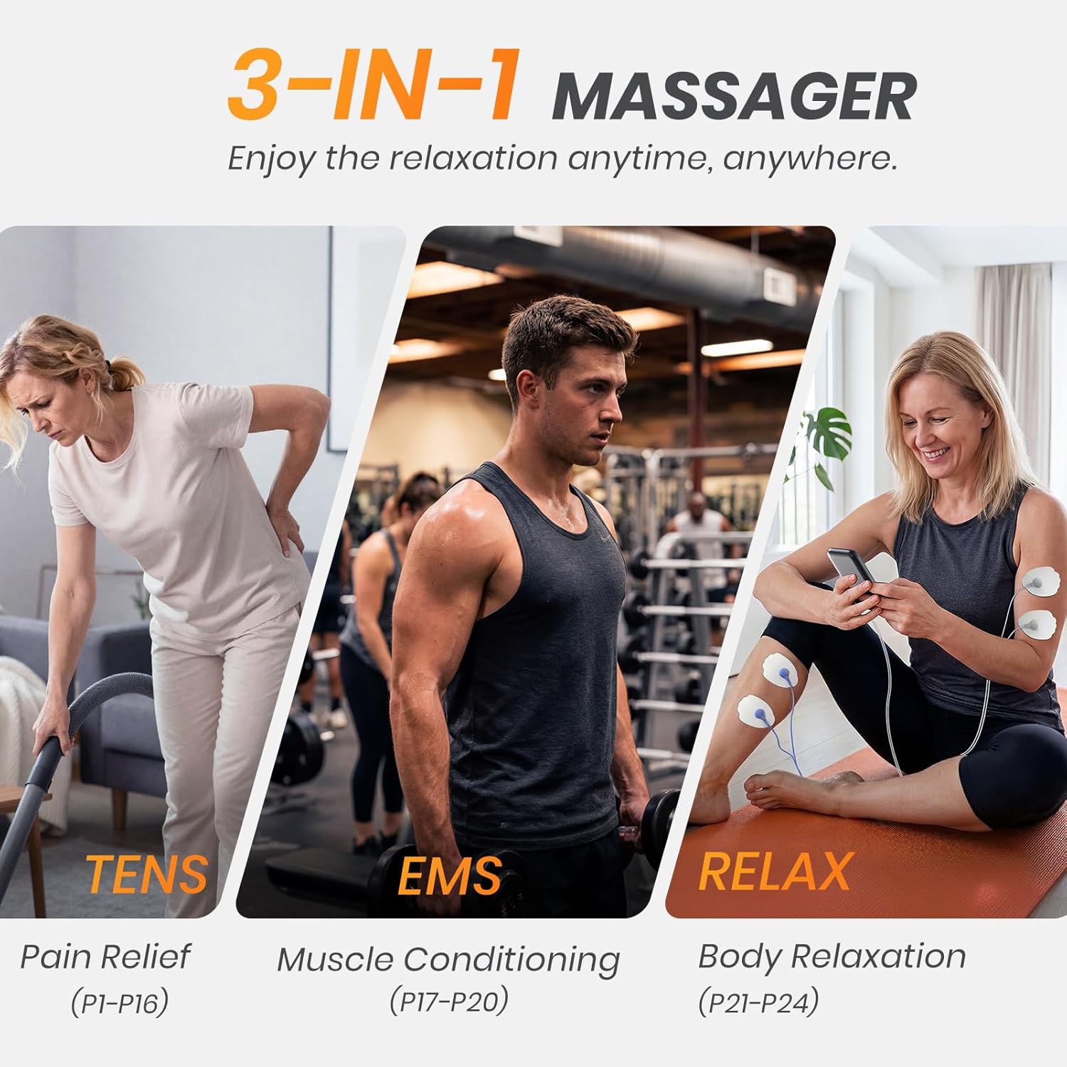 24 Modes TENS Unit Muscle Stimulator with Newest Color Screen, Innovative Single Type-C Port, Rechargeable 3-in-1 TENS Machine for Shoulder, Back Pain Relief Therapy, EMS Massager Machine, 10 Pads