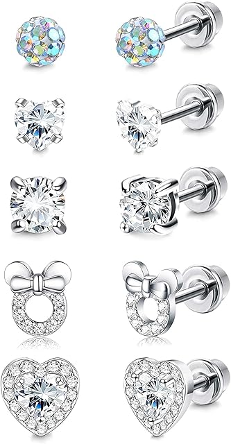 LOLIAS 5 Pairs Stainless Steel Cubic Zirconia Cartilage Earrings Set for Women Girls Stud Earrings CZ Ball Earrings Heart-Shaped Cute Earrings