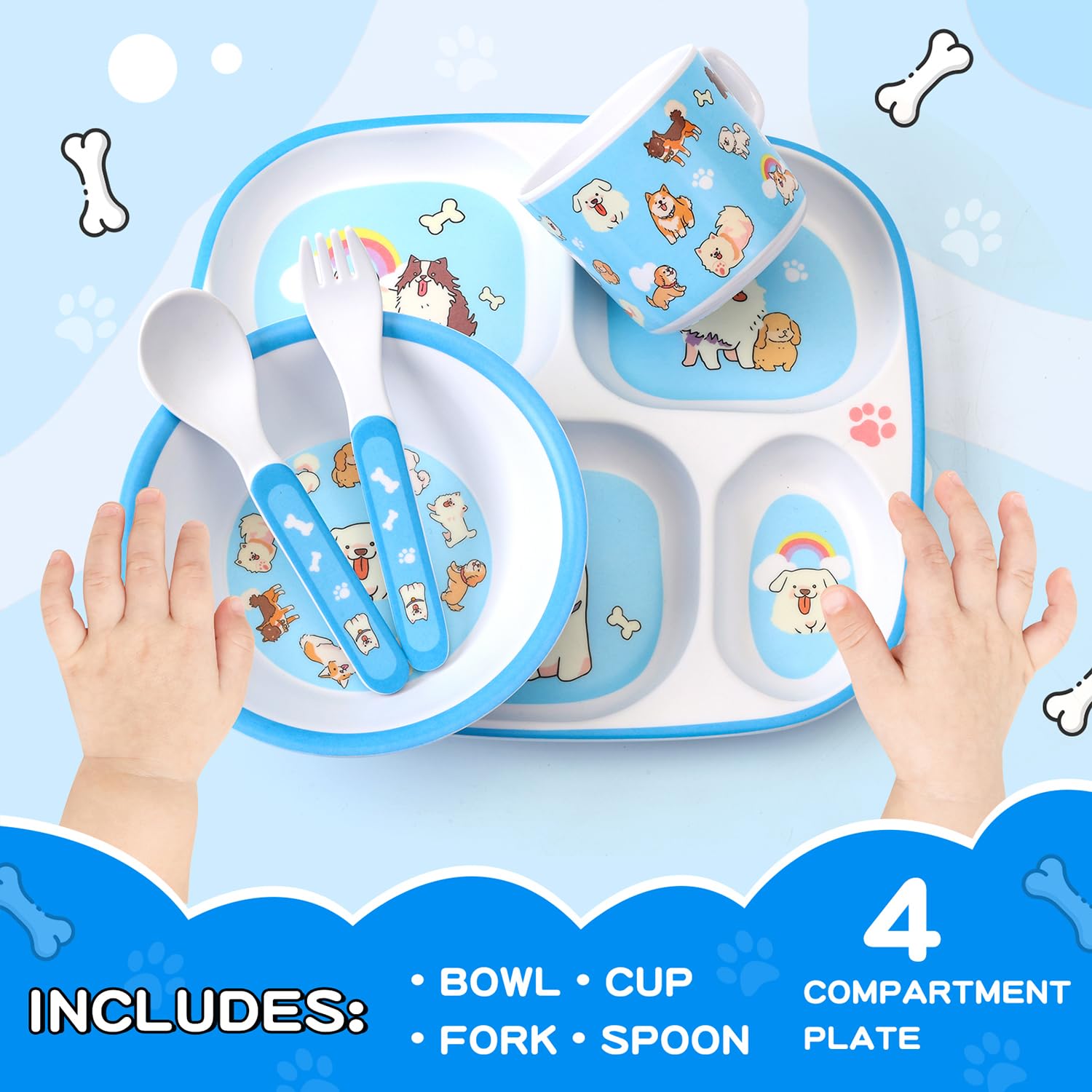 5-Piece Kids Melamine Dinnerware Set – Plate, Bowl, Cup, Fork & Spoon – BPA-Free, Durable & Lightweight Cartoon Set for Toddlers (pink cat)