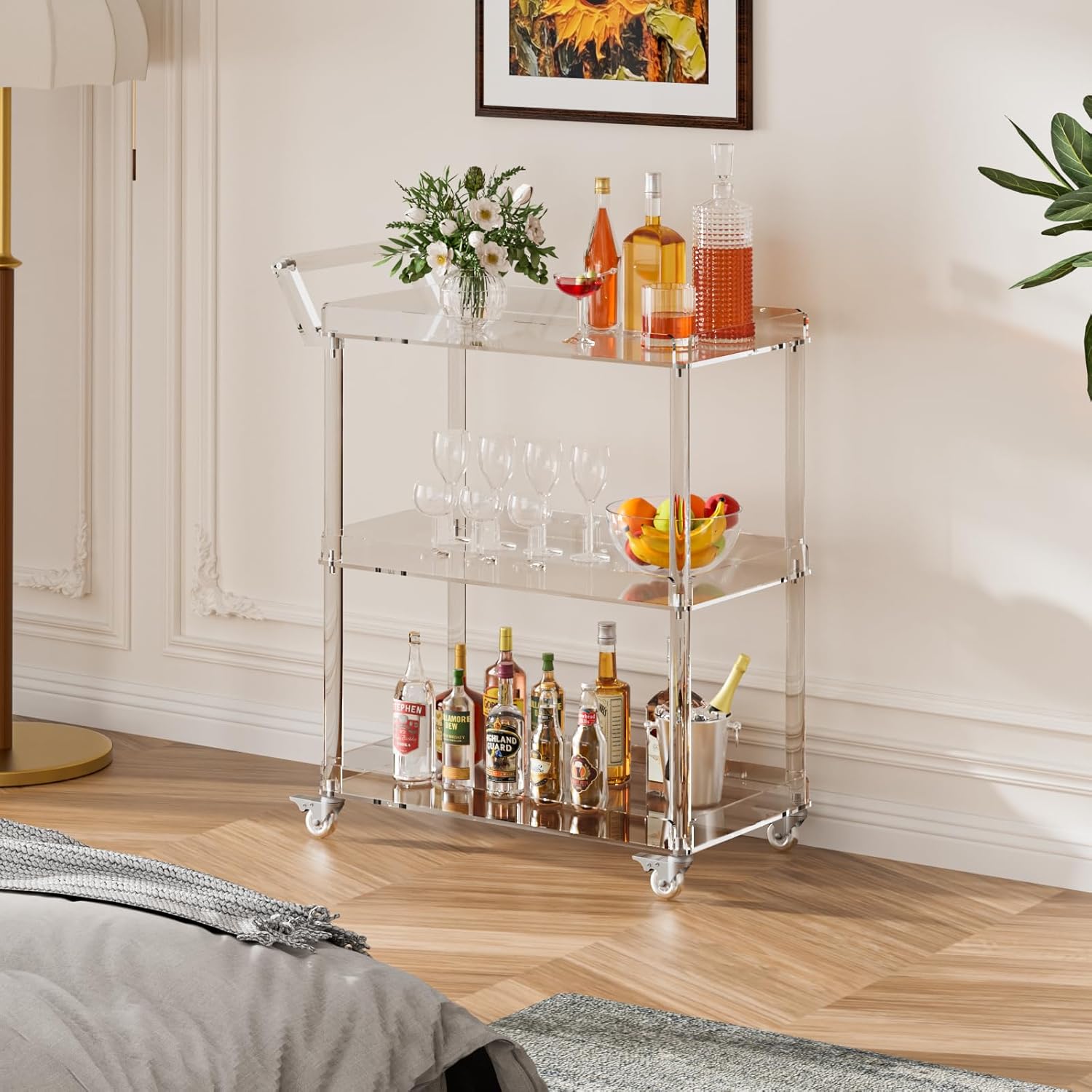 Acrylic Bar Cart with 4 Lockable Wheels, 3-Tier Rolling Home Bar & Serving Cart for Beverage, Clear Drink Cart for Kitchen, Living Room, Dining Room, 33.7" L x 14.57" W x 34.84" H