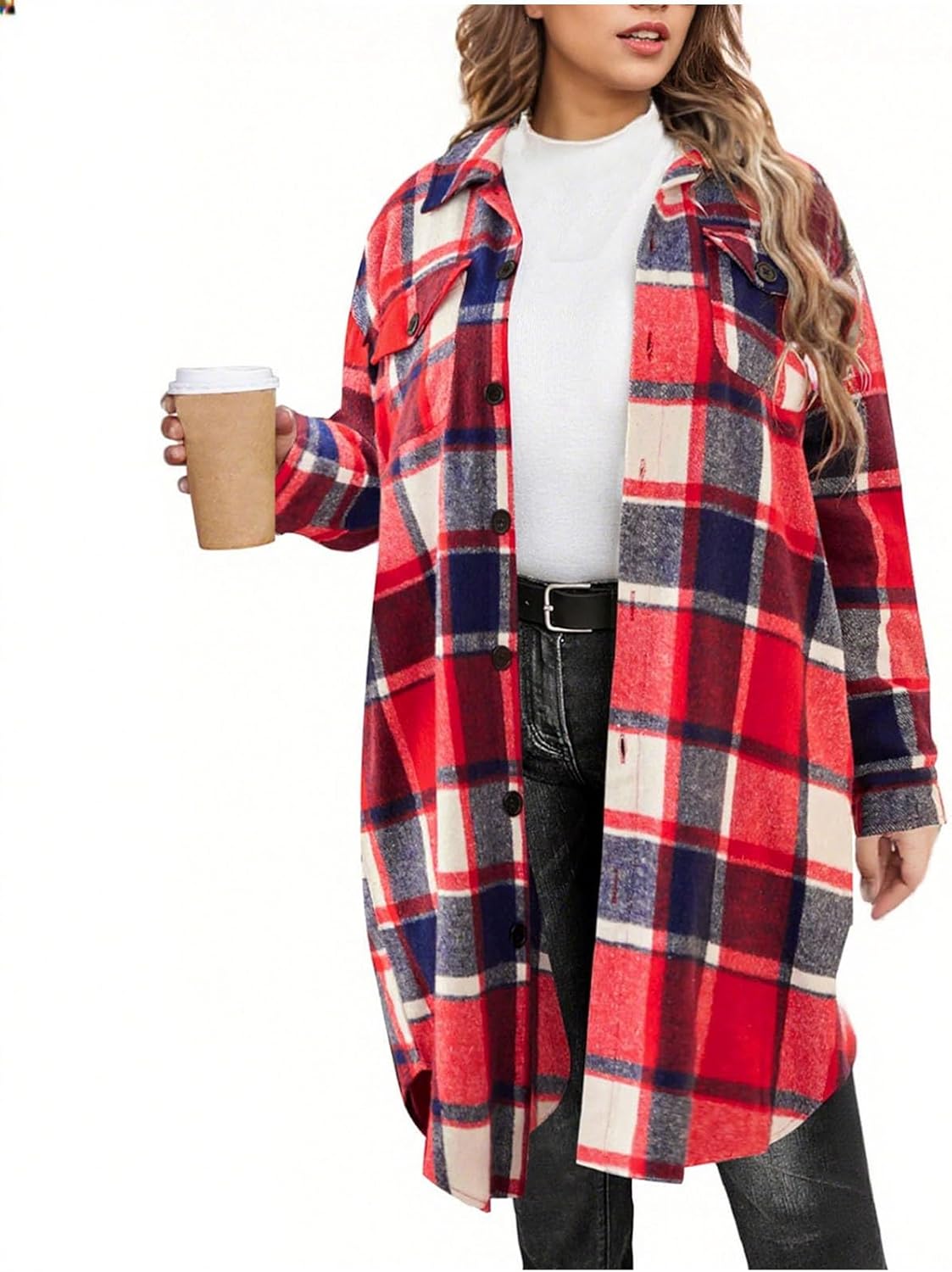 Womens Plaid Shirts Oversized Flannel Length Jacket Lapel Button Down Tartan Long Jackets Fall Lounge Coats with Pockets