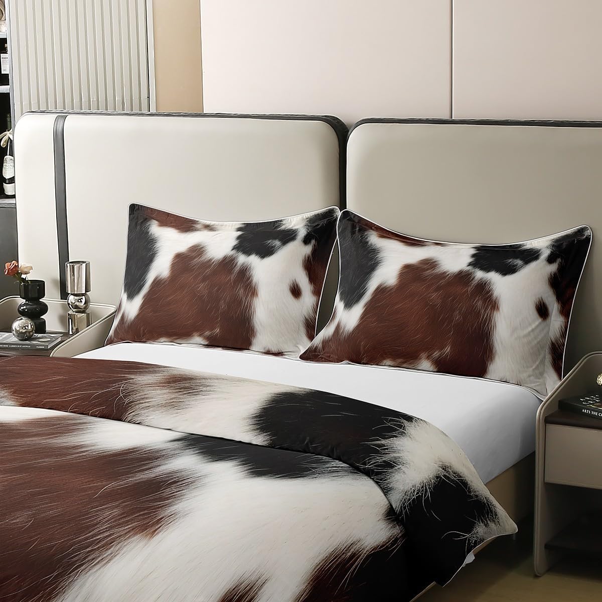 jejeloiu Cow Fur Printed Cotton Duvet Cover Set King Size Farmhouse Cowhide Print Bedding Set Western Farm Animal Skin Brown White Black Comforter Cover Set 100% Cotton Ultra Soft Bedding Sheet
