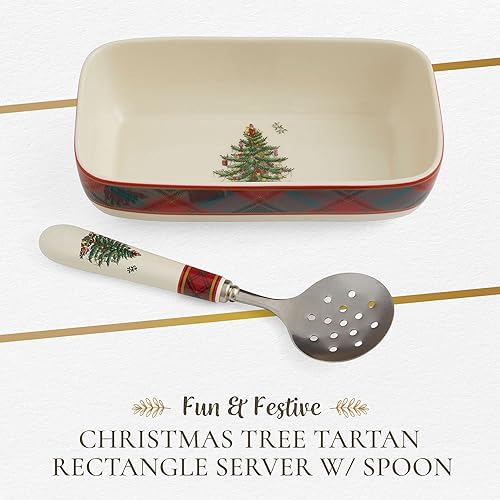 Miniatura 2 de Spode  Servidor rectangular de arándano de tartán para árbol de Navidad con cuchara ranurada, plato de 8 x 4.25 pulgadas, cuchara ranurada de 8.1