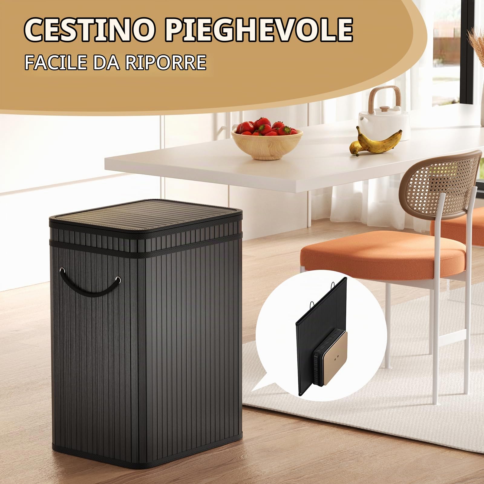 Mihoho Pattumiera grande da 80 litri/21 galloni con coperchio, cestino per rifiuti in bambù, pattumiera per esterni/bidone per rifiuti per casa, ufficio, bagno, cucina 40X30X60 CM (premium nero)