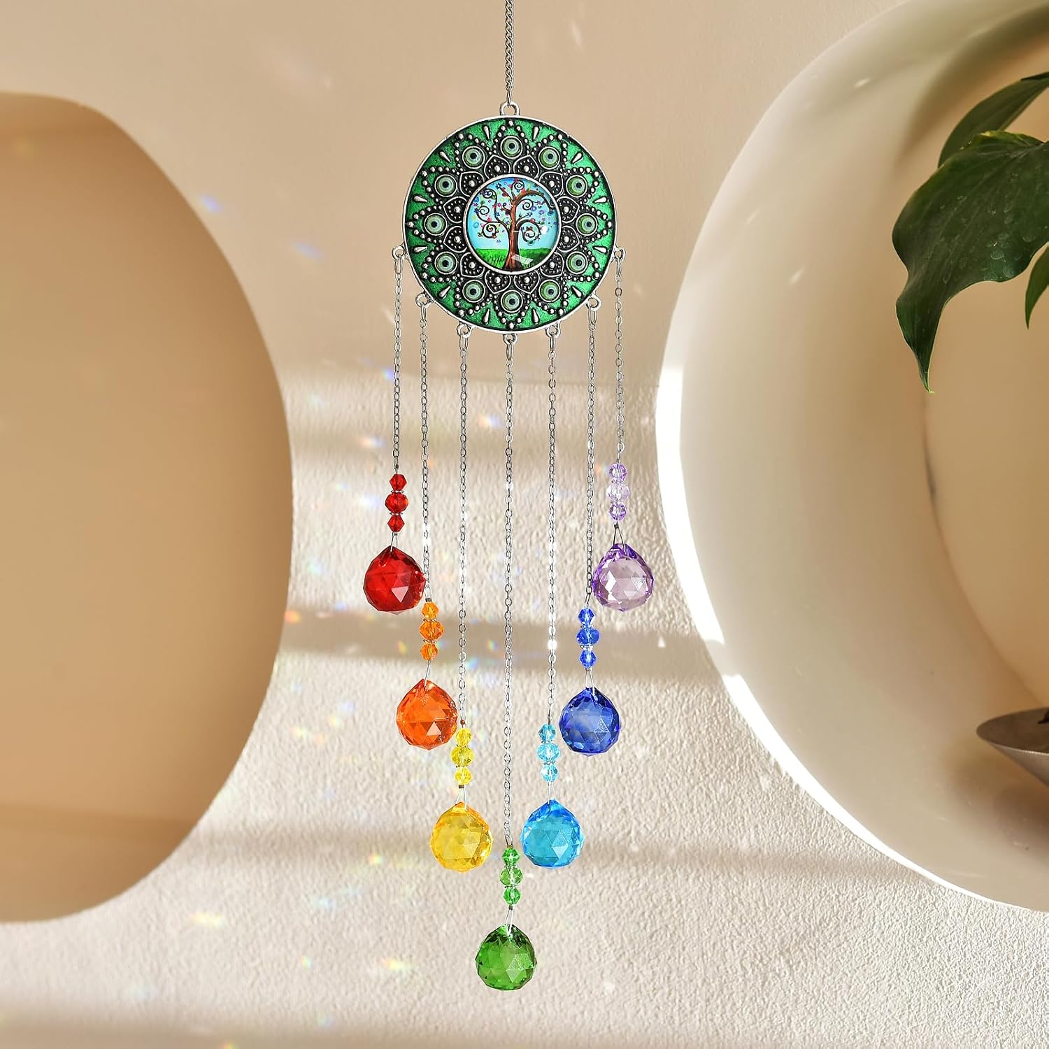 Tree of Life Crystal Sun Catcher, Hanging Sunlight Catcher, Sun Catchers with Crystals, Crystal Wind Chime, Birthday Gift, Home Decoration (Green)