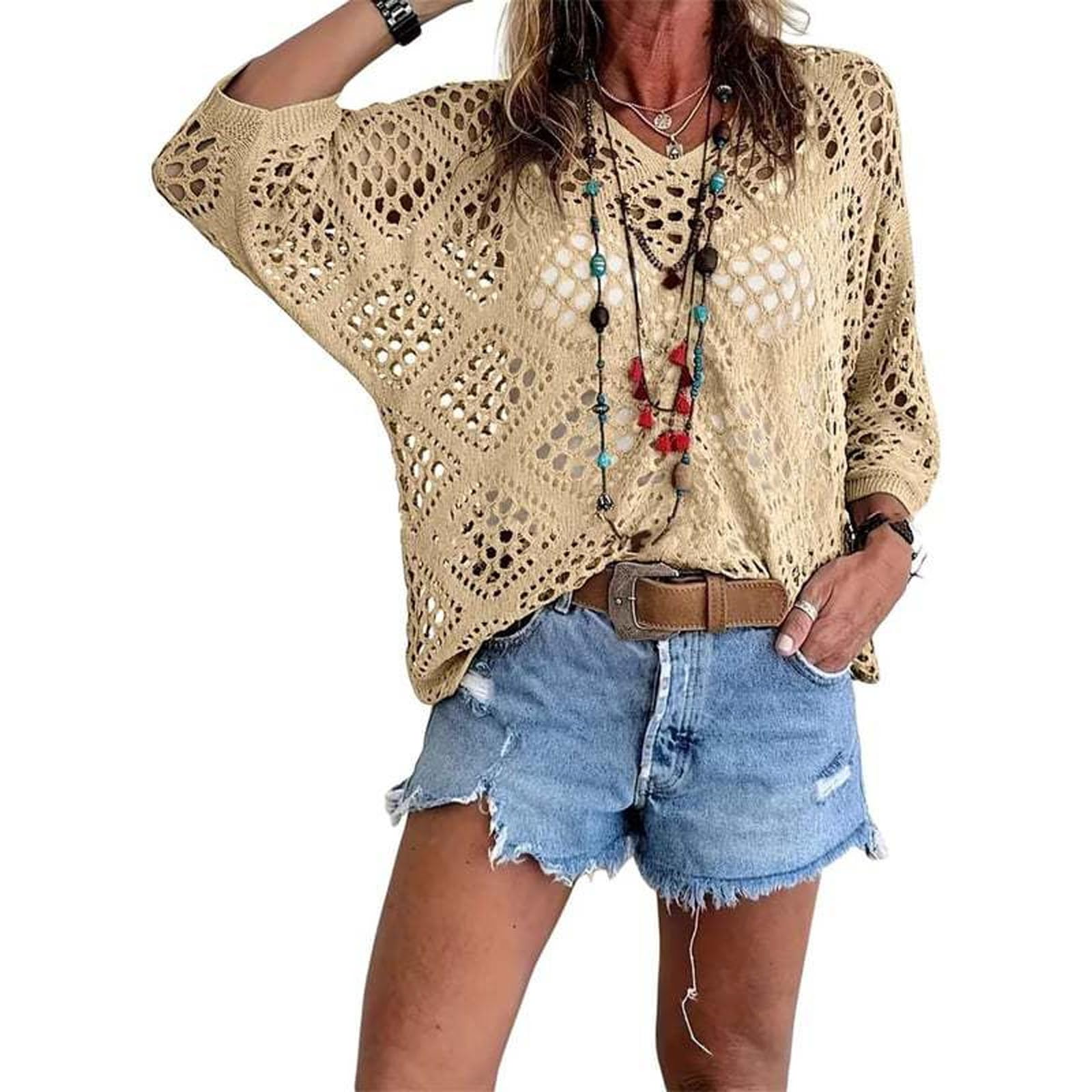 OLYGEE Women's V Neck Crochet Top 3/4 Sleeve Bohemian Hollow Out Beach Cover Up (Light Khaki,l)