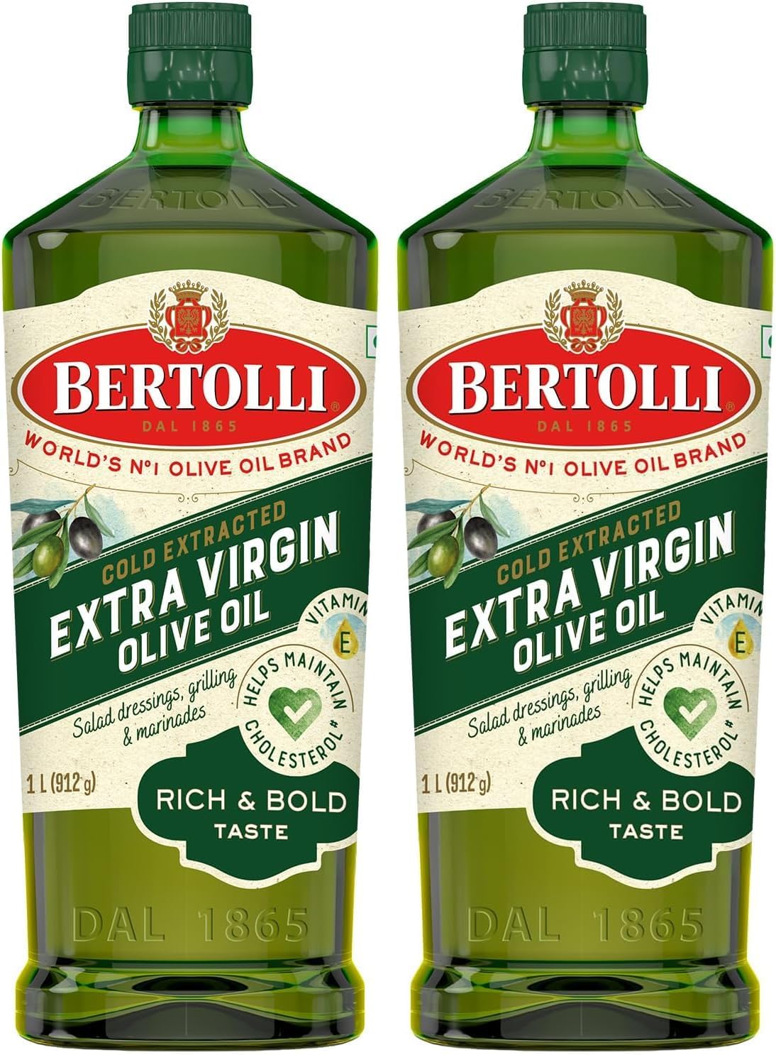 Bertolli Extra Virgin Olive Oil 1L | Cold Extracted, Rich & Bold Taste, Ideal for Salads, Dressings & Drizzling | World’s No. 1 Olive Oil Brand (Pack of 2)
