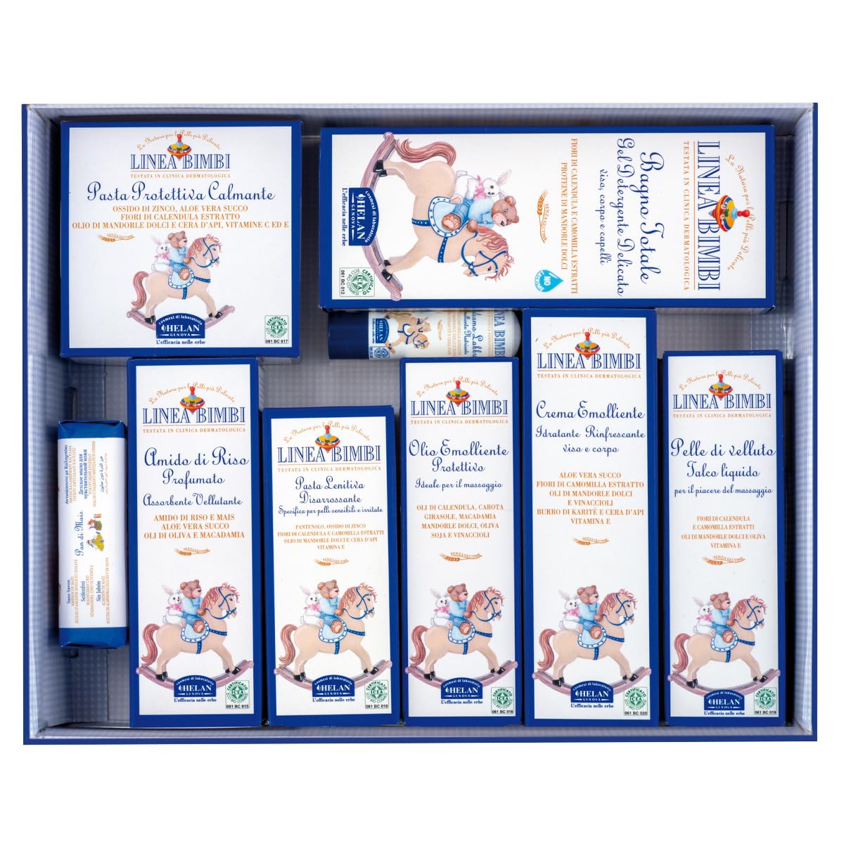 Helan, Prime Coccole, Confezione Regalo Nascita, Linea Bimbi - Amido di Riso, Bagno Olio Addolcente, Bagno Totale, Balsamo Labbra, Crema e Olio Emolliente, Pan di Mais, Pasta Lenitiva e Talco Liquido