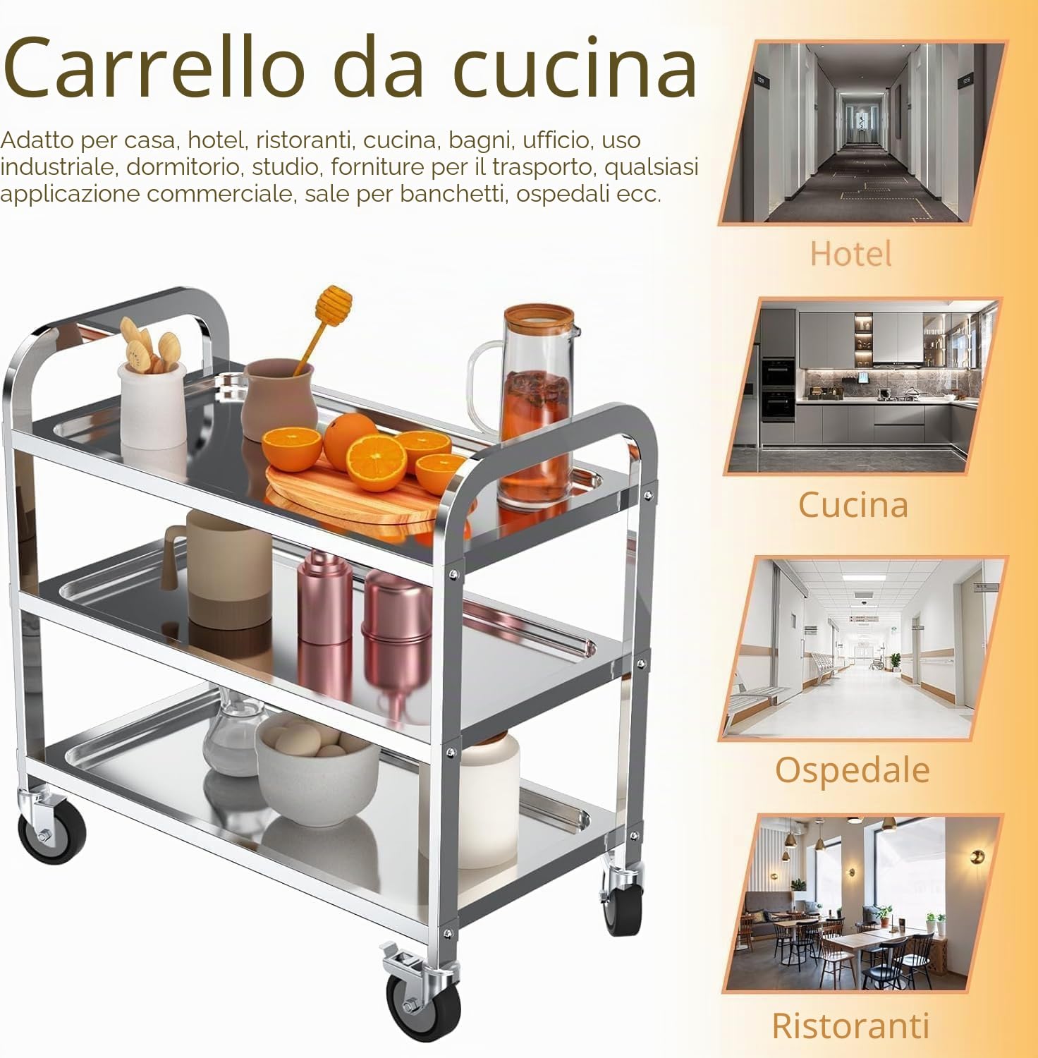 TAIMIKO Carrello da portata in acciaio inox, 3 ripiani con 4 ruote girevoli, 2 di cui frenato, portata fino a 150 kg, carrello per il trasporto adatto per cucina hotel