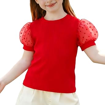 Magic Park 1-6Y Toddler Girl Puff Sleeve T-Shirt Kids Polka Dot Ribbed Knit Blouse Casual Tops for Girls