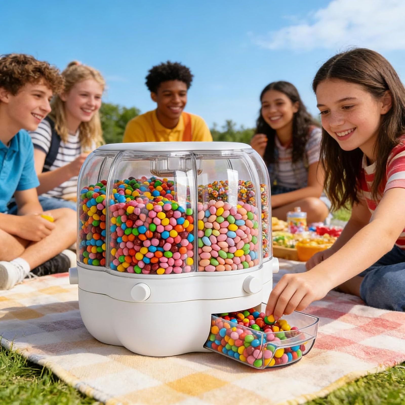 Dispensador de caramelos giratorio 360°, 6 compartimentos para aperitivos y granos, tipo prensa divertida con cajón transparente, almacenamiento de encimera para dulces y arroz