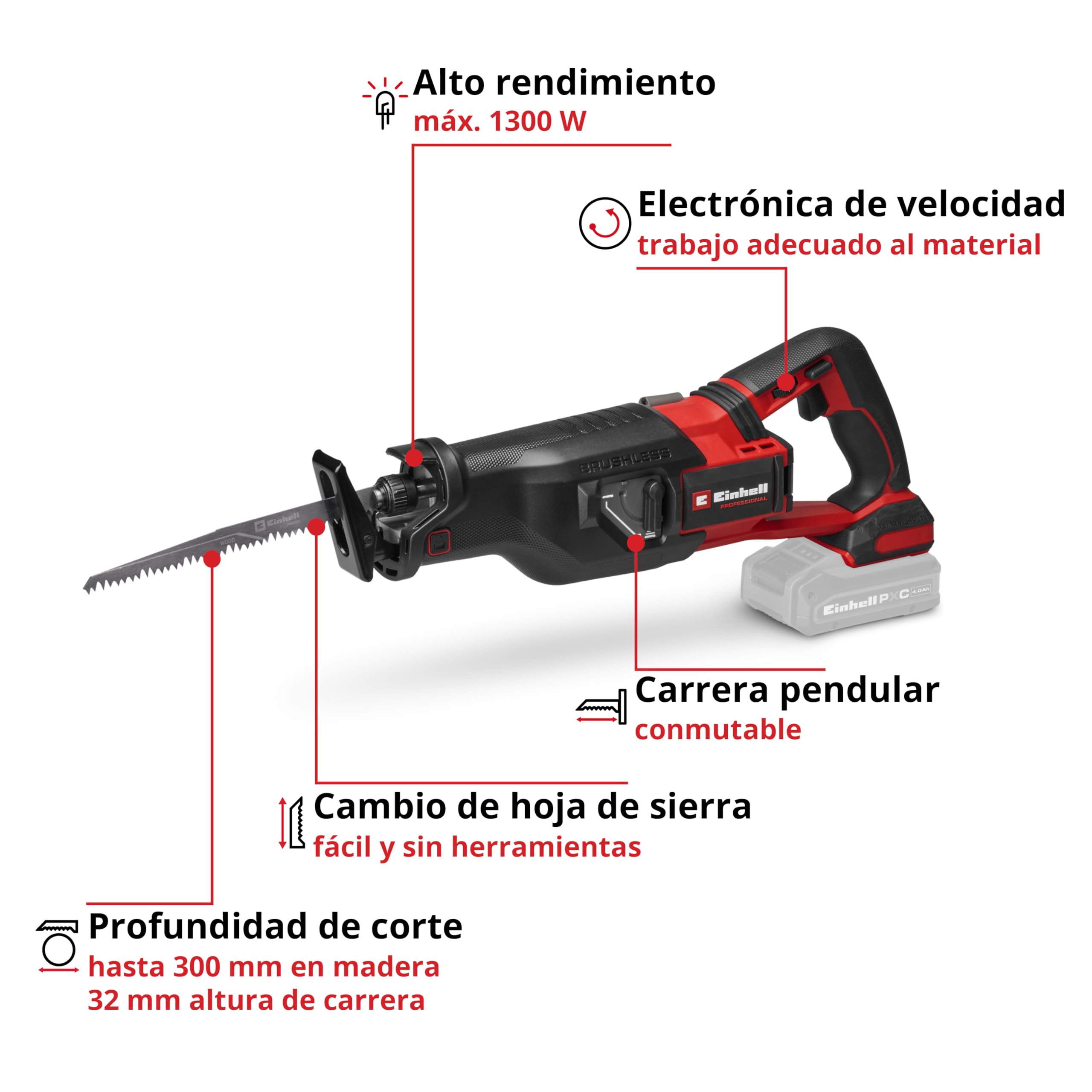 Einhell Professional sierra universal con batería TP-AP 18/32 Li BL-Solo PXC (18V, 1300 W, Brushless, 32 mm altura de carrera, 300 mm profundidad de corte en madera, 2 hojas de sierra, sin batería)